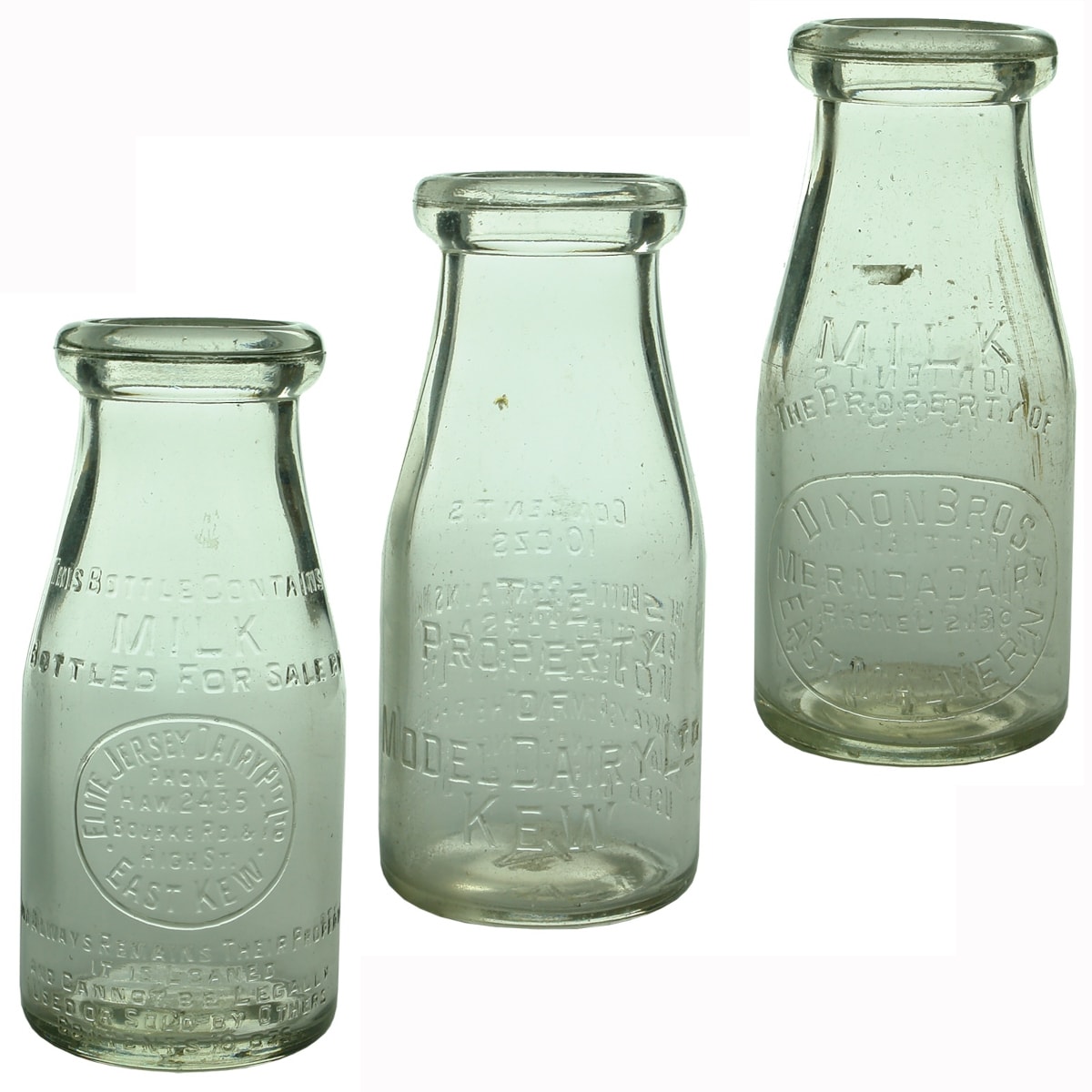 3 Half Pint Milks: Elite Jersey Dairy Pty Ltd, East Kew (Base: 341); Model Dairy Ltd, Kew (Base: 4); Dixon Bros, Mernda Dairy, East Malvern (Base: 377). (Victoria)