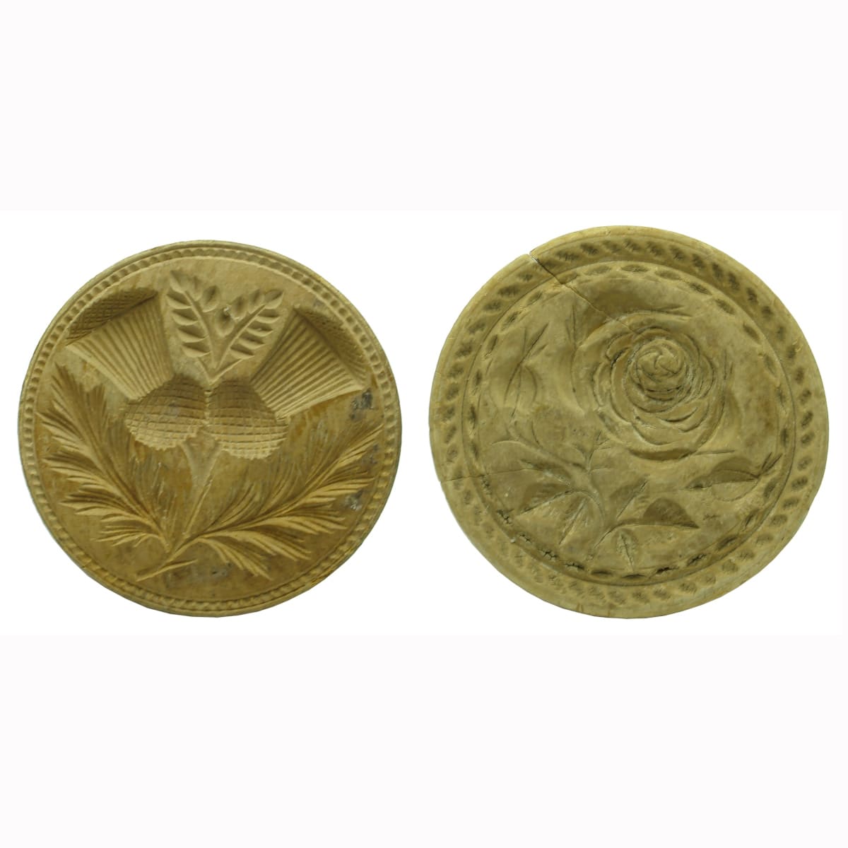 2 Wooden butter stamps. One with Two Thistles and the other with a Rose.