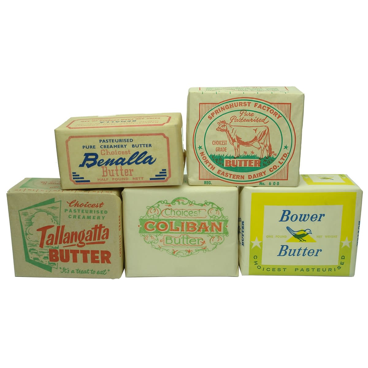 5 Vintage Butter labels: Coliban; Tallangatta; Springhurst; Benalla; Gunbower. All made up with boxes or similar inside to look like blocks of butter.
