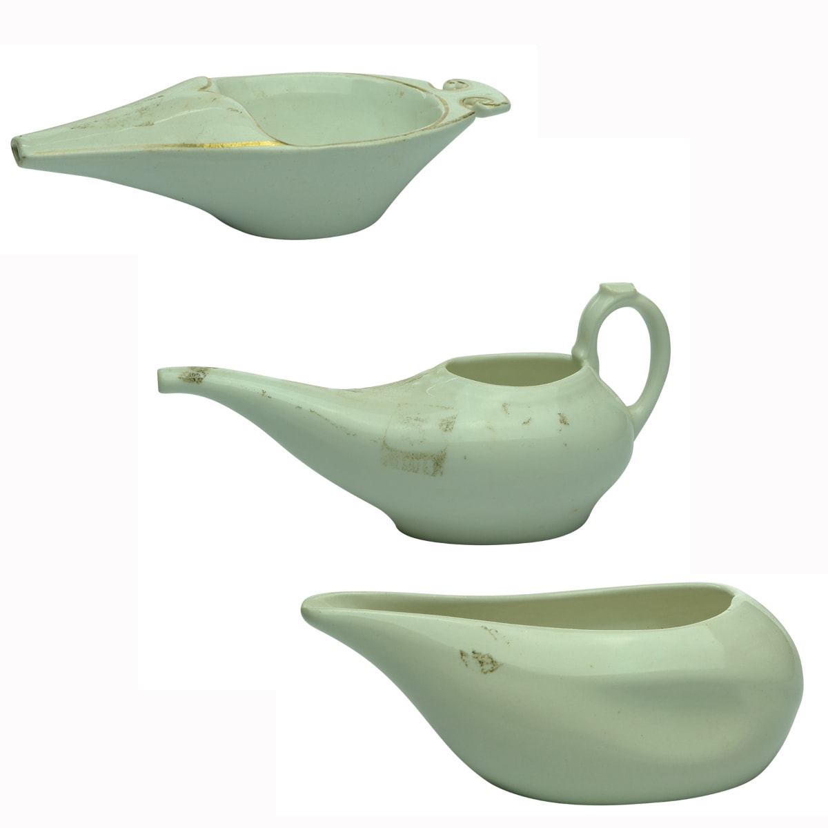 3 various white ceramic invalid feeders.