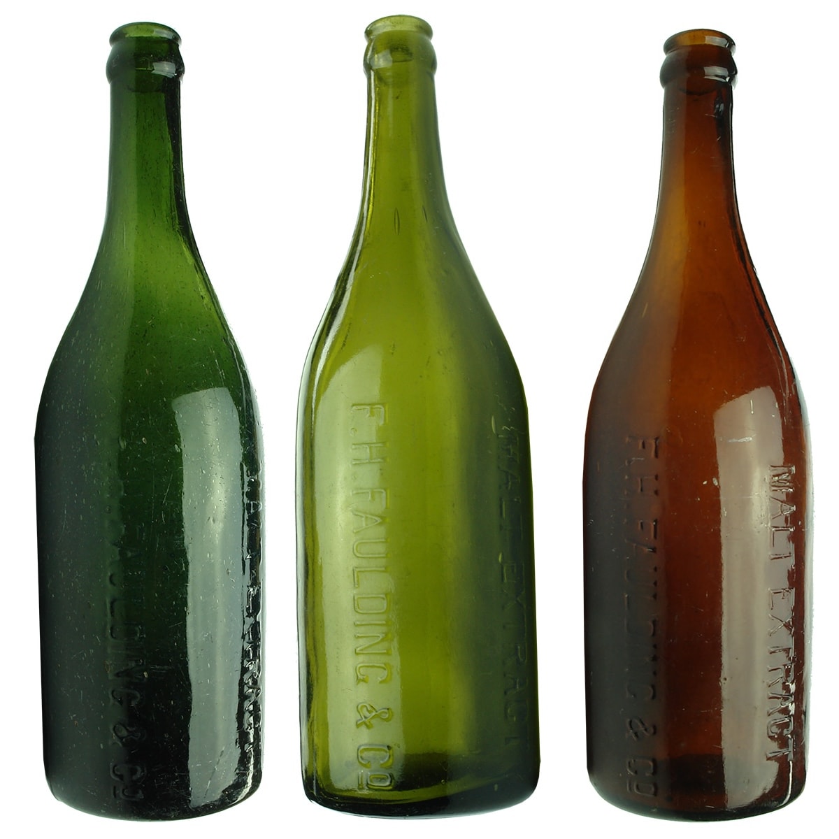 3 Crown Seals. All F. H. Faulding & Co., Malt Extract. Dark Green, Lighter Green & Amber. 24 oz. (South Australia)