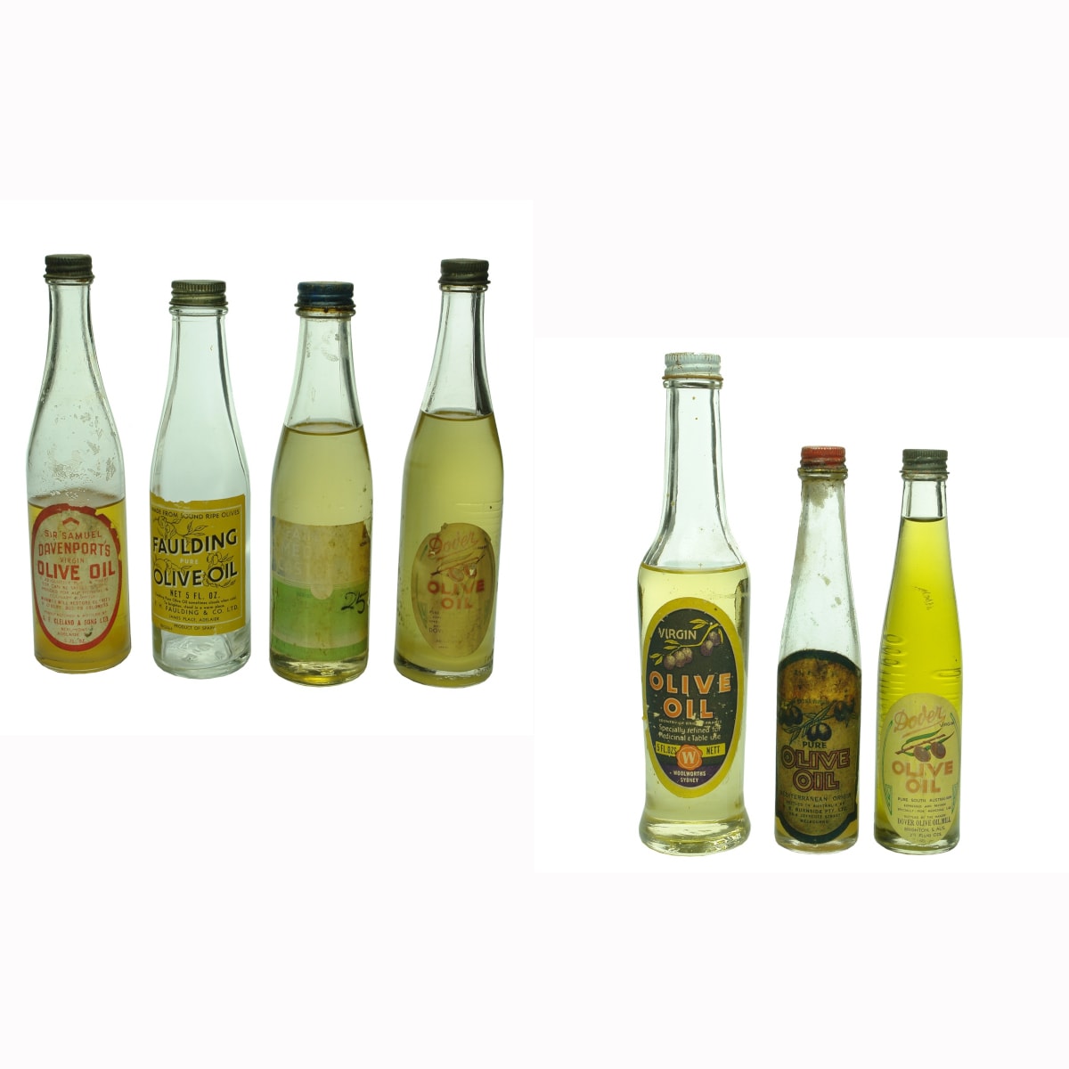 7 Olive Oils: Davenports, Cleland, Fauldings, Dover, Woolworths, Burnside etc.