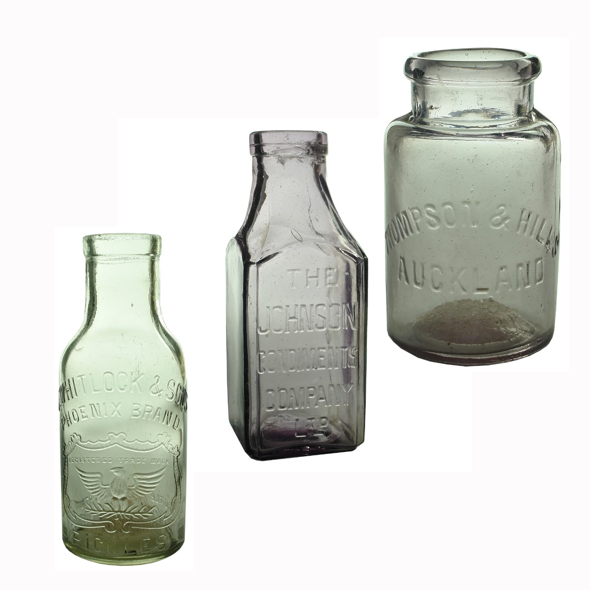 3 Pickles/Preserves Jars: Whitlock & Sons, Phoenix Brand Pickles, Wanganui; Johnson Condiments Company Ltd; Thompson & Hills, Auckland.