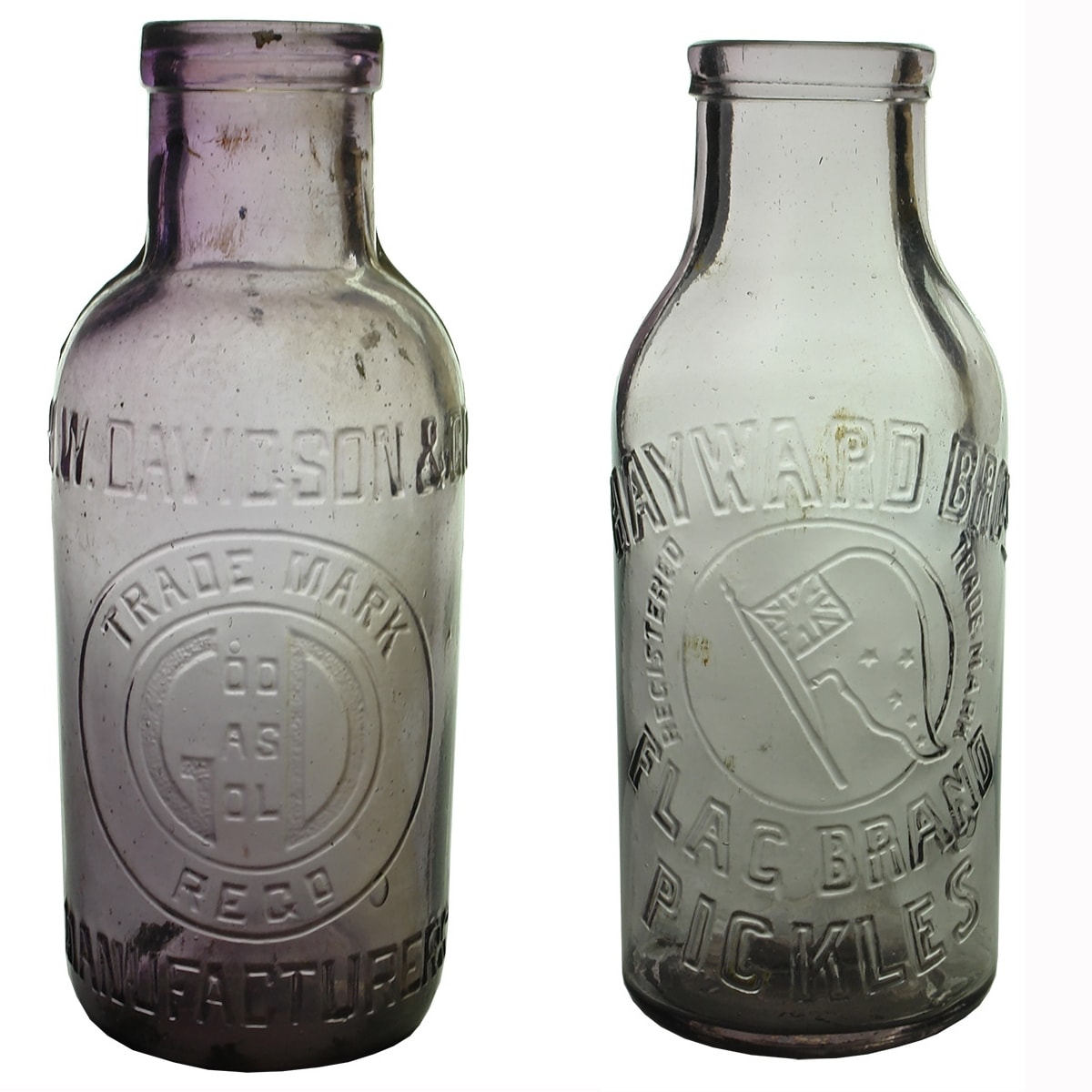 2 Pickles: H. W. Davidson & Co., Good as Gold; Hayward Bros, Flag Brand, Pickles. Sun Coloured Amethyst. Pints.