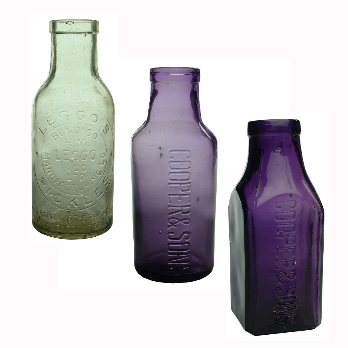 3 Pickles: Leggo's Bendigo clear; 2 x Cooper & Sons, round & square, dark sun coloured amethyst. Pints.