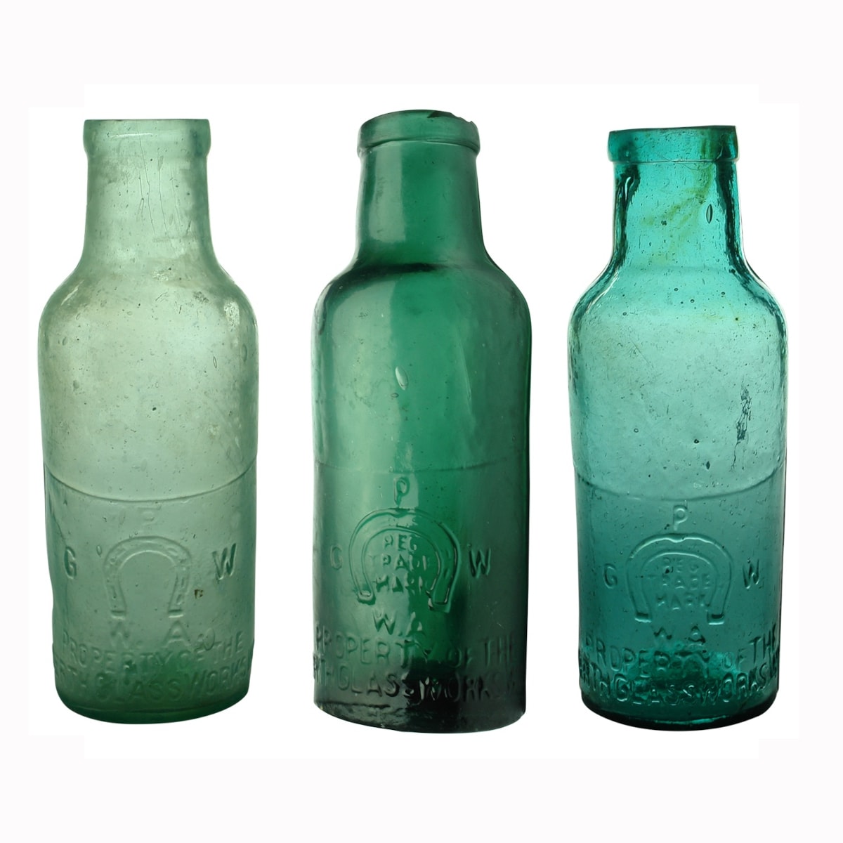 3 Pickles. Perth Glass Works. Differing variations in embossing style and colour. (Western Australia)