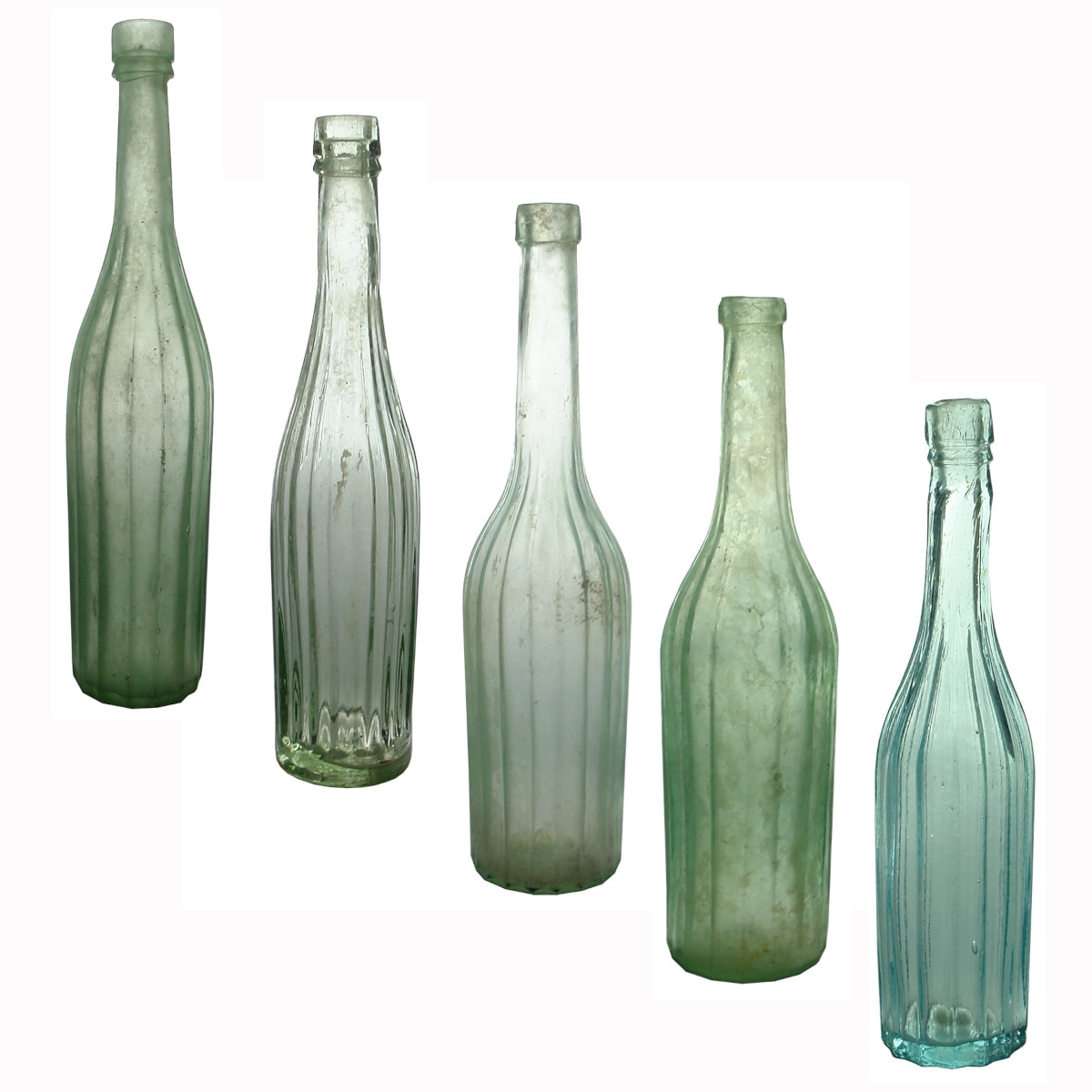 5 different fluted salad oils: 10 oz, 4 x different 5 oz.