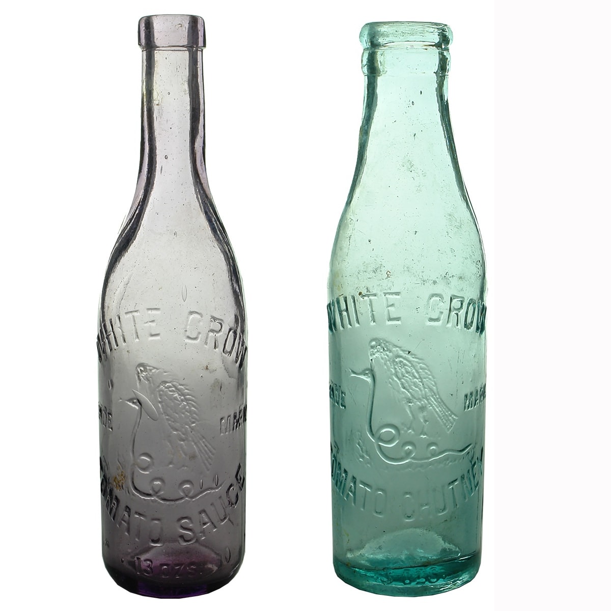 2 Household Bottles: White Crow Tomato Sauce and White Crow Tomato Chutney. Crow & Snake. (Victoria)