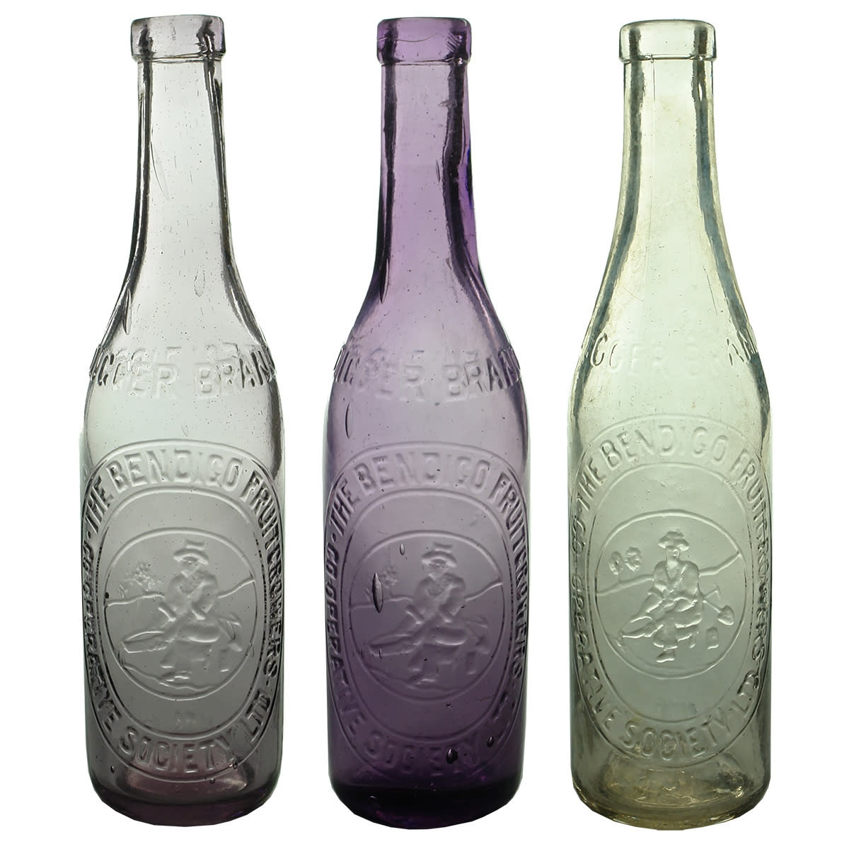 3 Digger Brand Tomato Sauce Bottles. Bendigo Fruitgrowers Co-operative Society Ltd. Amethyst & Clear. 13 oz. (Victoria)
