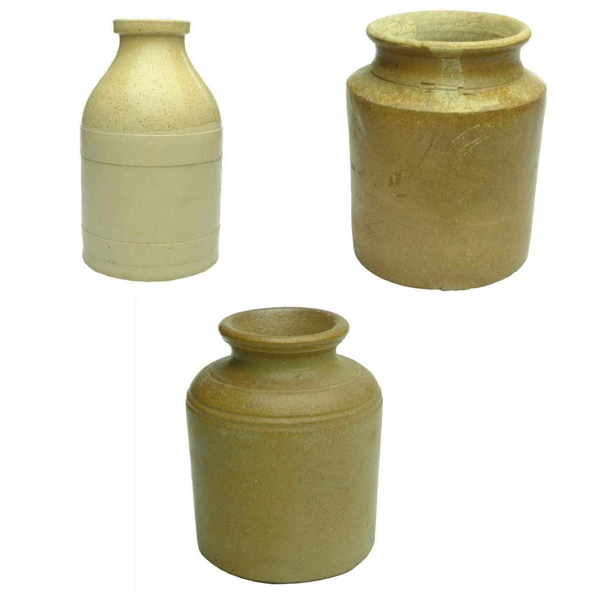 3 Stoneware Jars. Unmarked, Two bands around body, Pale Glaze; Second two has larger with 1 1/2 P in the shoulder. No potters stamps.