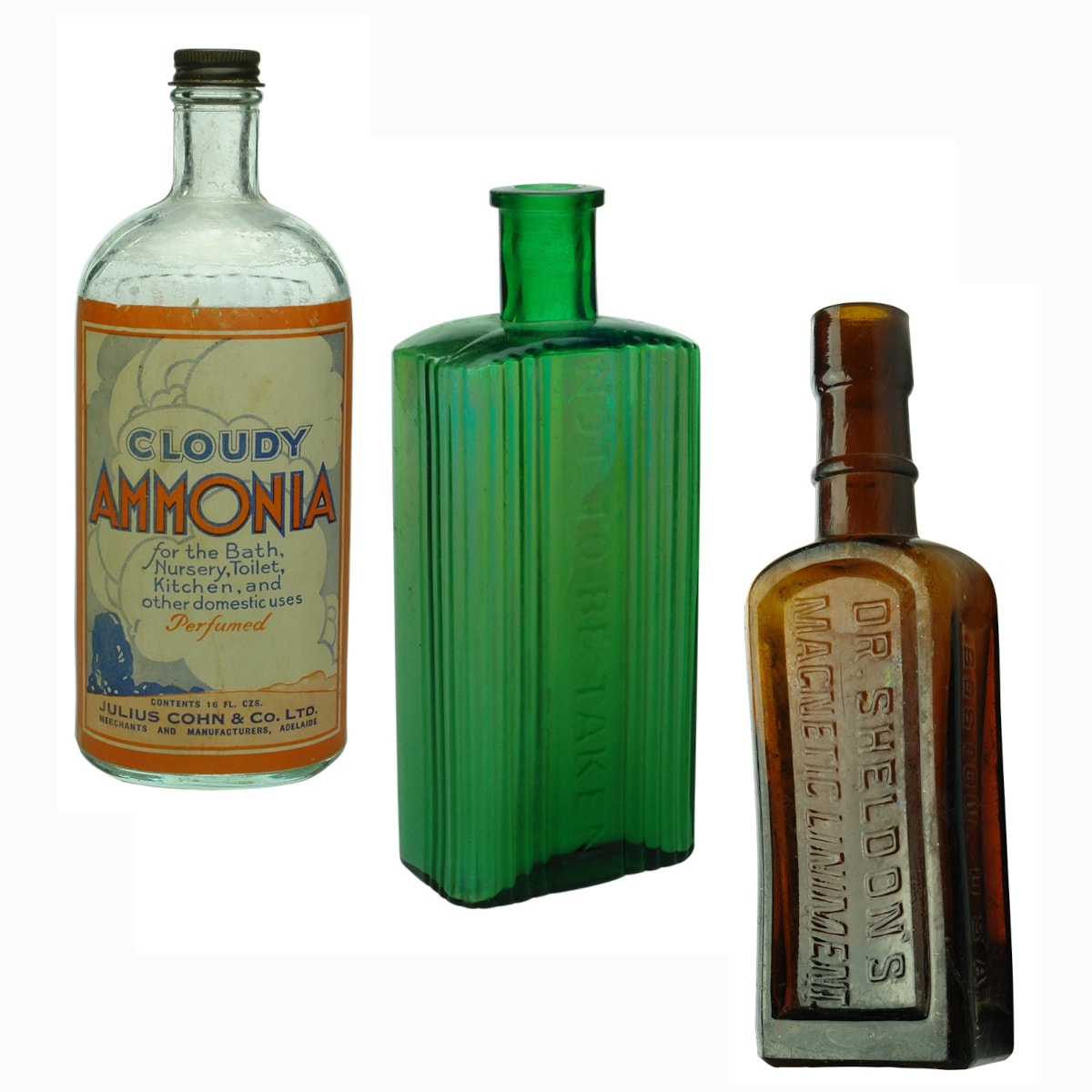 3 Bottles: Labelled Julius Cohn Cloudy Ammonia; 10 oz Green Not to be taken poison; Dr Sheldon's Magnetic Liniment, Amber.