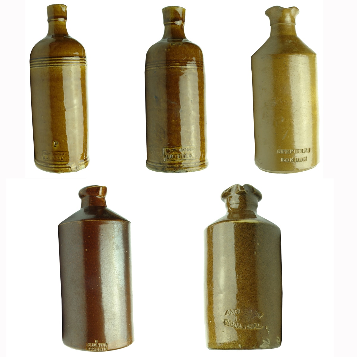 5 Medium to Large Stone Inks: Japonaise x 2; Stephens; Doulton; Angus & Co.