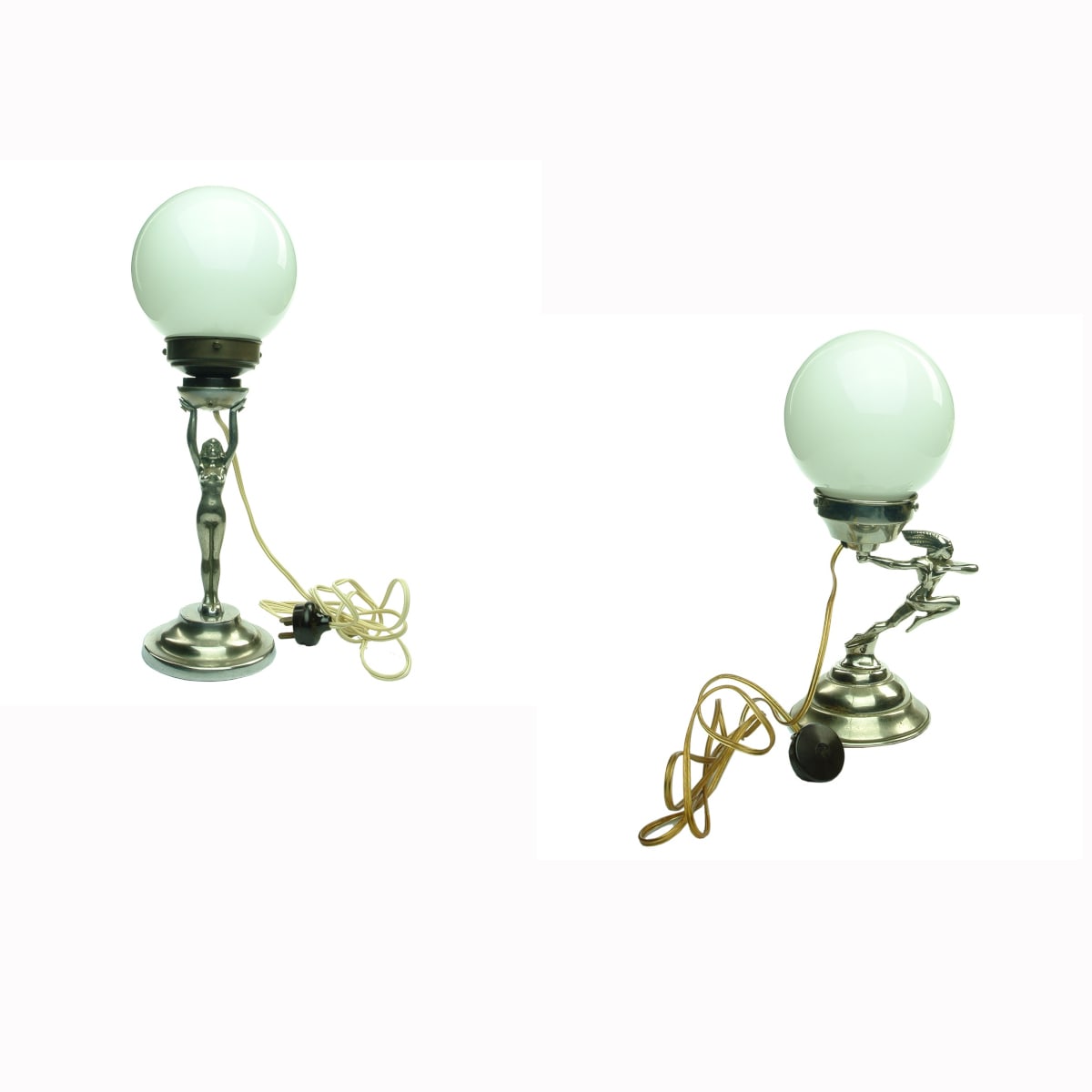 2 Art Deco Lamps. Female figure and running figure. Round white globes. No markings.