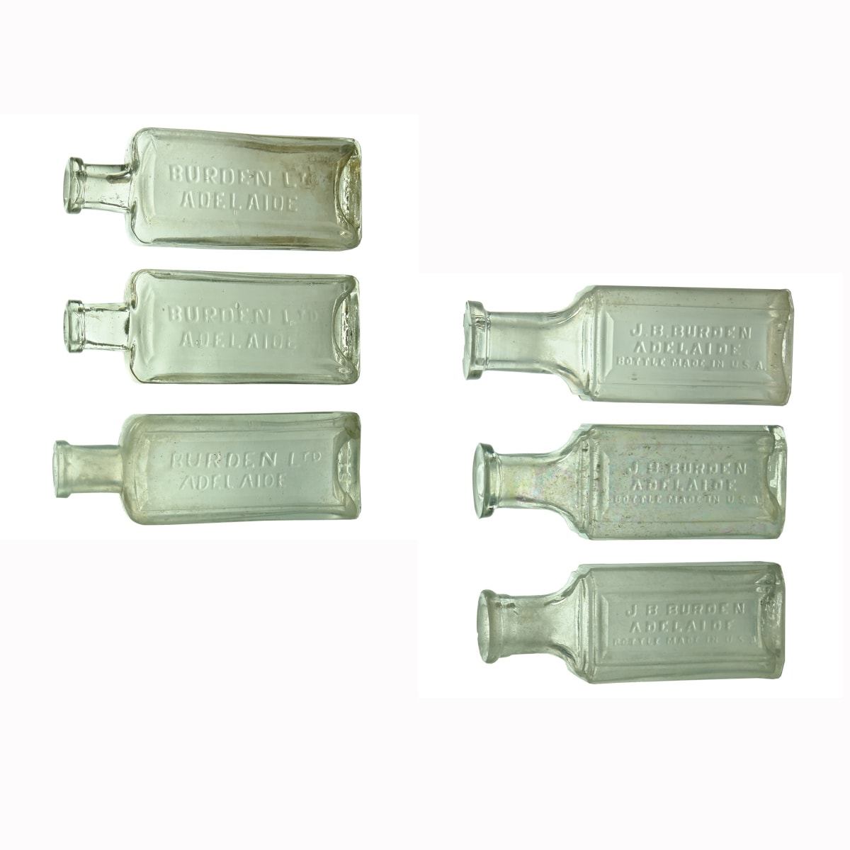 6 Chemist Bottles: 3 x Burden Ltd Adelaide; 3 x J. B. Burden Adelaide. (South Australia)