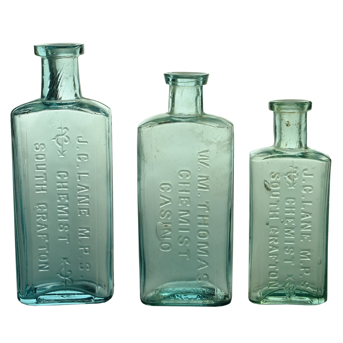 3 Chemists: 2 different sizes of J. C. Lane, South Grafton (144 & 114 mm); W. M. Thomas, Casino. 128 mm. (New South Wales)