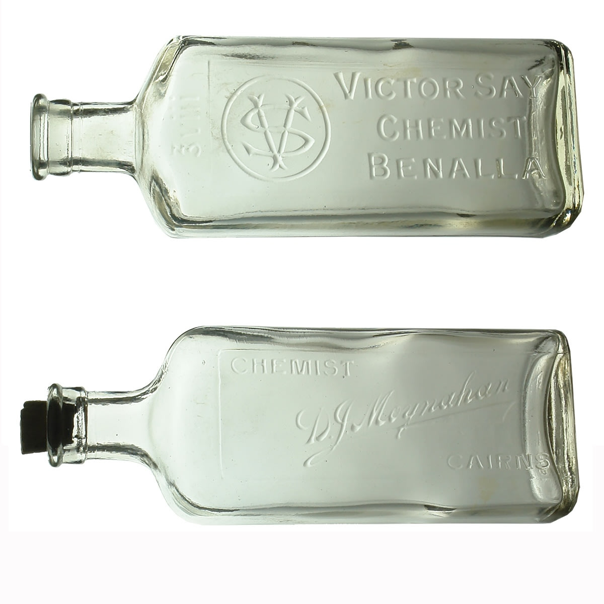 2 Later Chemist Bottles: Victor Say, Benalla; D. J. Moynahan, Cairns. 8 oz. (Victoria & Queensland)