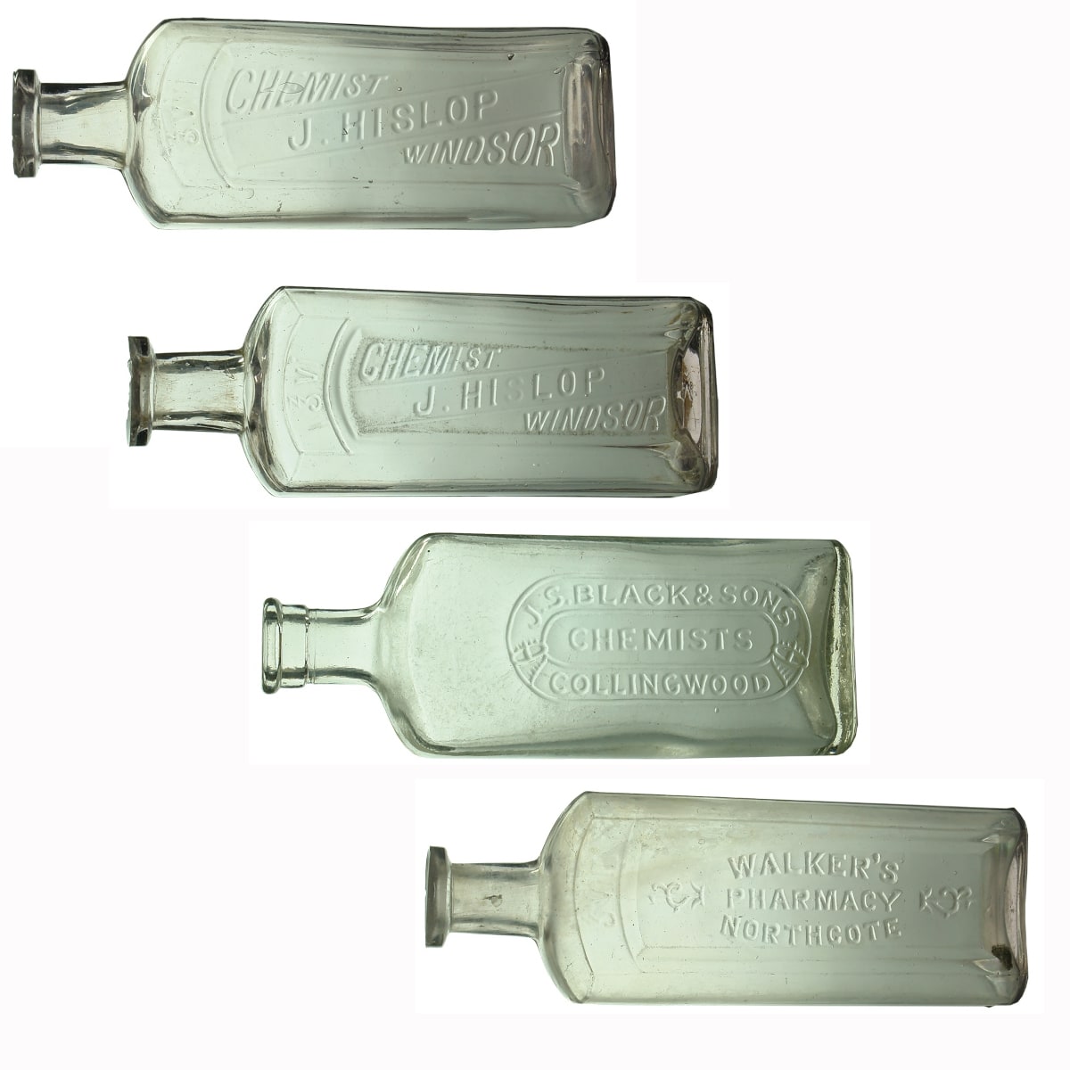 4 Chemists: 2 x J. Hislop, Windsor (172 & 159 mm); J. S. Black & Sons, Collingwood (170 mm); Walker's Northcote (171 mm). (Victoria)