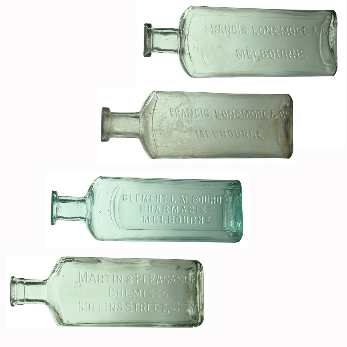 4 Chemists: 2 x Francis Longmore & Co Melbourne (165 & 158 mm); Clement L. M. Bourdic, Melbourne (171 mm); Martin & Pleasance, Collins Street, City. (173 mm) (Victoria)