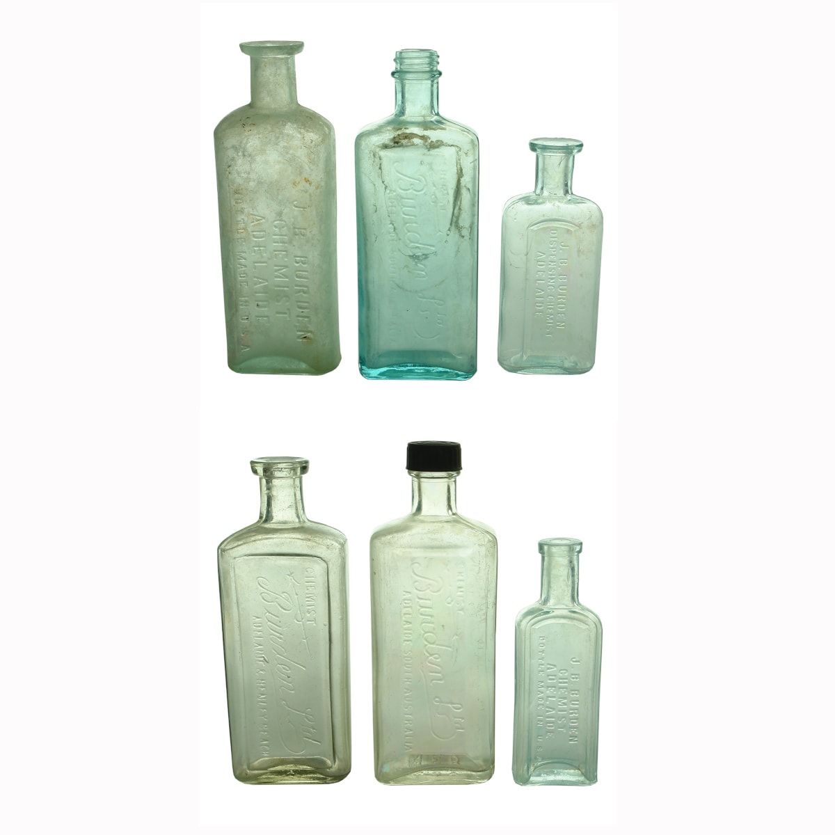 6 Chemist Bottles. All from J. B. Burden or Burden Ltd. Adelaide. Henley Beach. (South Australia)