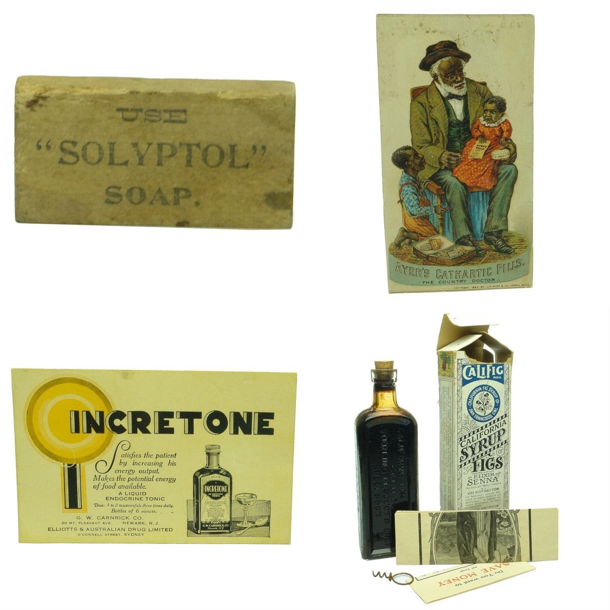 4 Chemist Items: Solyptol Soap advertising domino; Ayer's Cathartic Pills Card' Incretone Advertising Card; California Fig Syrup labelled bottle, packaging and small corkscrew.