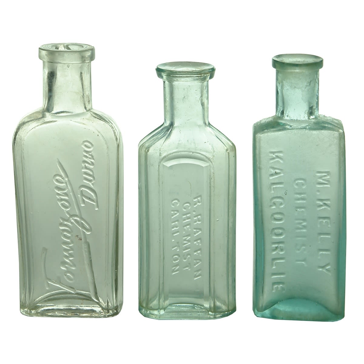 3 Small Chemists: Formazone, Durno (Sydney) (97 mm); M. Kelly, Kalgoorlie (94 mm); R. Raffan, Carlton (90 mm).