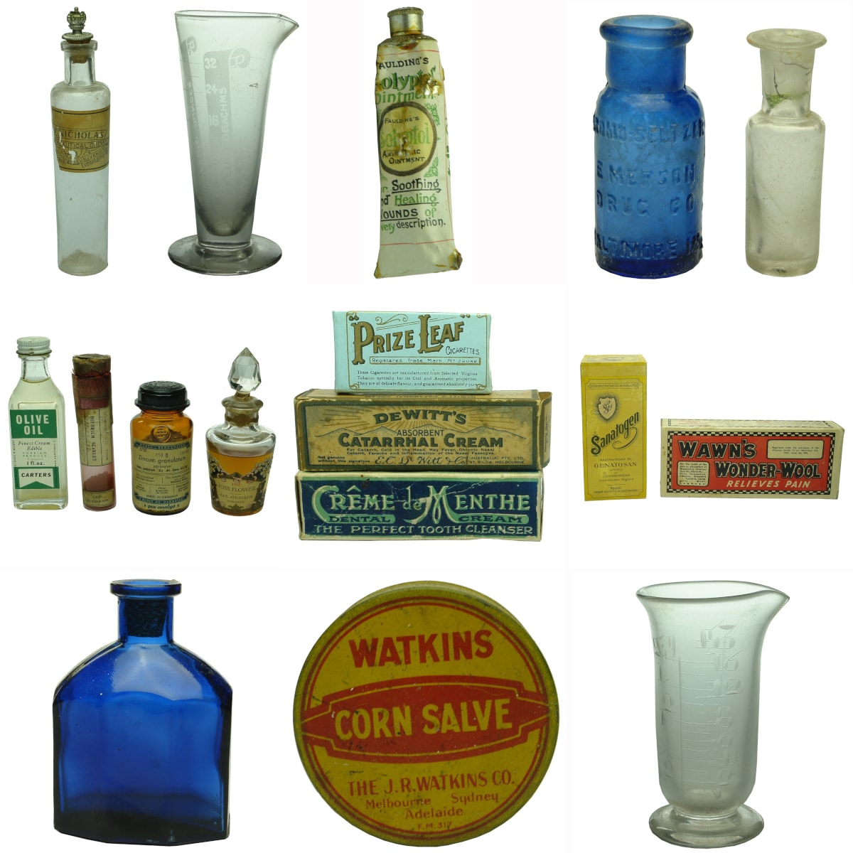 17 Chemist type items: Sydney University; Carters; British Drug House; Merck; Redford & Co; De Witts; Sanatogen; Solyptol; Plain; and many more!