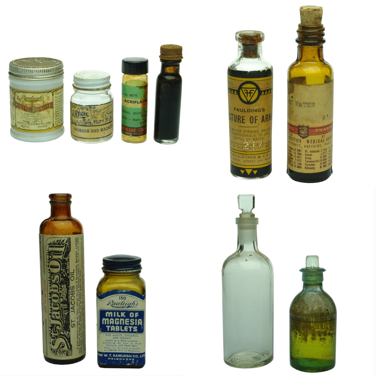 10 Chemist Items: Rawleighs; J. H. Young Adelaide; Trafalgar Trading Co; Plain Vial; Fauldings; National Pharmacies; St Jacobs Oil; Rawleighs; 2 plain jars.