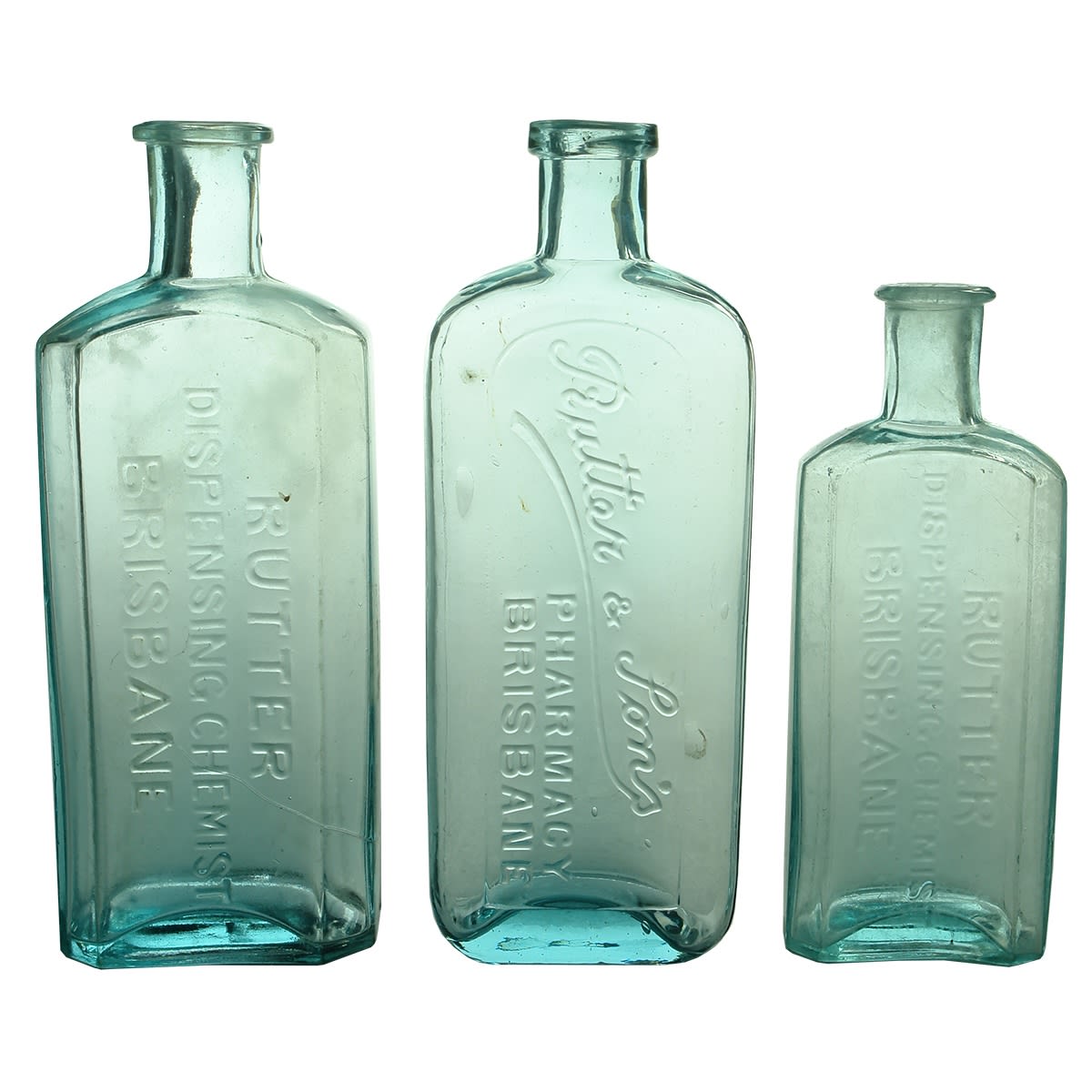 3 Chemist Bottles: All different varieties from Rutter and Rutter & Sons, Dispensing Chemist or Pharmacy, Brisbane. (Queensland)