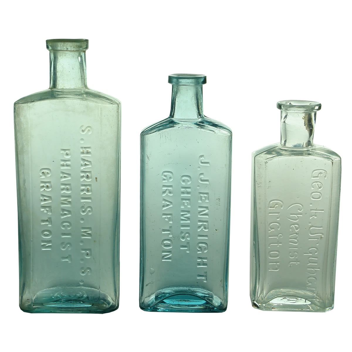 3 Grafton Chemists: S. Harris, Pharmacist (153 mm); J. J. Enright (133 mm); Geo. L. Urquhart (118 mm). (New South Wales)