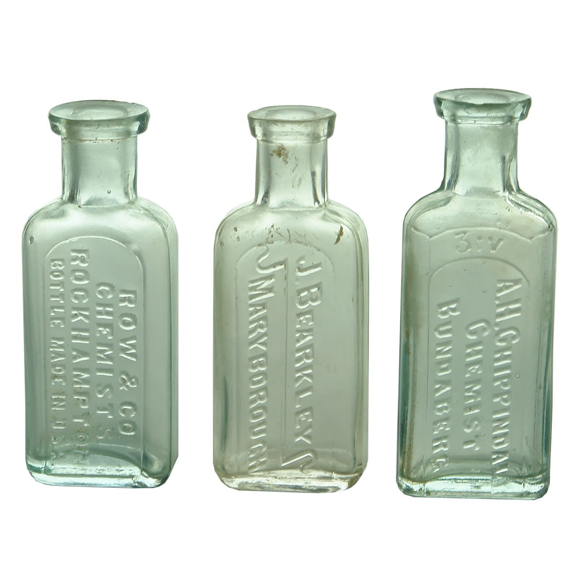 3 Small Chemists: Chippindall, Bundaberg (75 mm); Bearkley, Maryborough (72 mm); Row & Co, Rockhampton (71 mm). (Queensland)