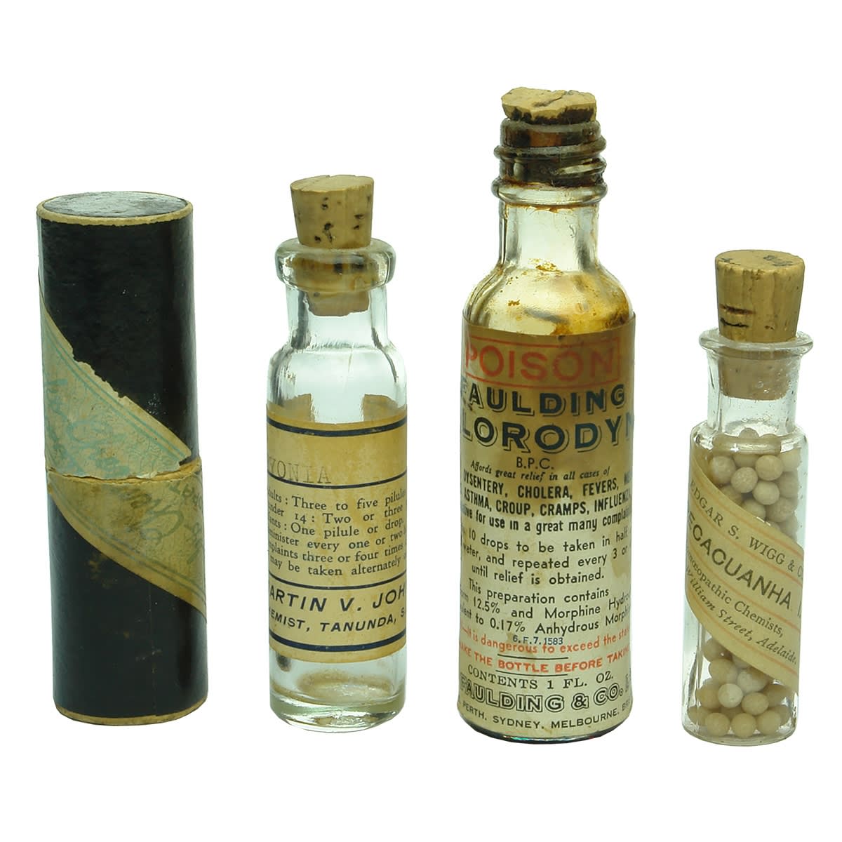 Chemist. 4 x South Australian chemist vials: 1. Birks Chemist Carboard Tube. 2. Martin V. John, Tanunda, Bryonia. 3. Faulding Chlorodyne, Adelaide, Perth, Sydney, Melbourne and Brisbane. 4. Edgar S. Wigg & Co., Ipecacuanha, 38 King William Street, Adelaide. (South Australia)