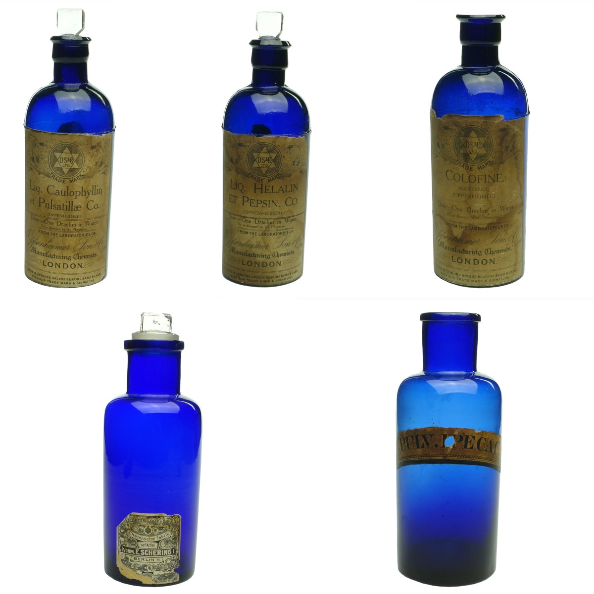 5 Blue Labelled Chemist Bottles: 3 x Oppenheimer Son & Co with different products; Schering Berlin; Ipecac.