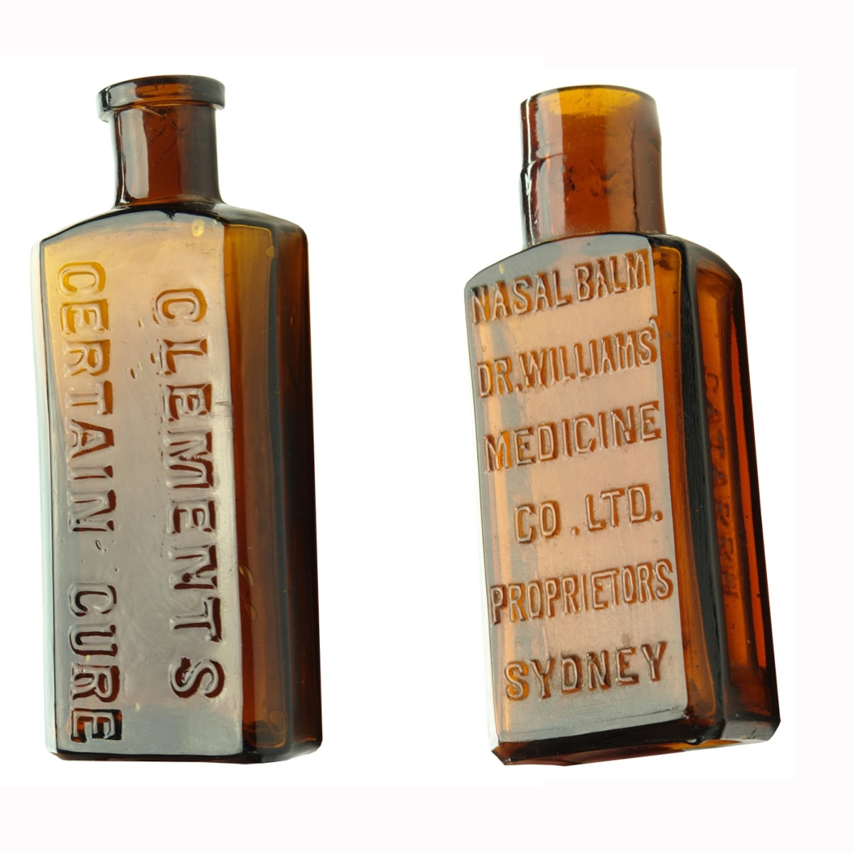 2 Small Amber Medicines: Clements Certain Cure; Nasal Balm, Dr Williams Medicine Co Ltd Sydney. (New South Wales)