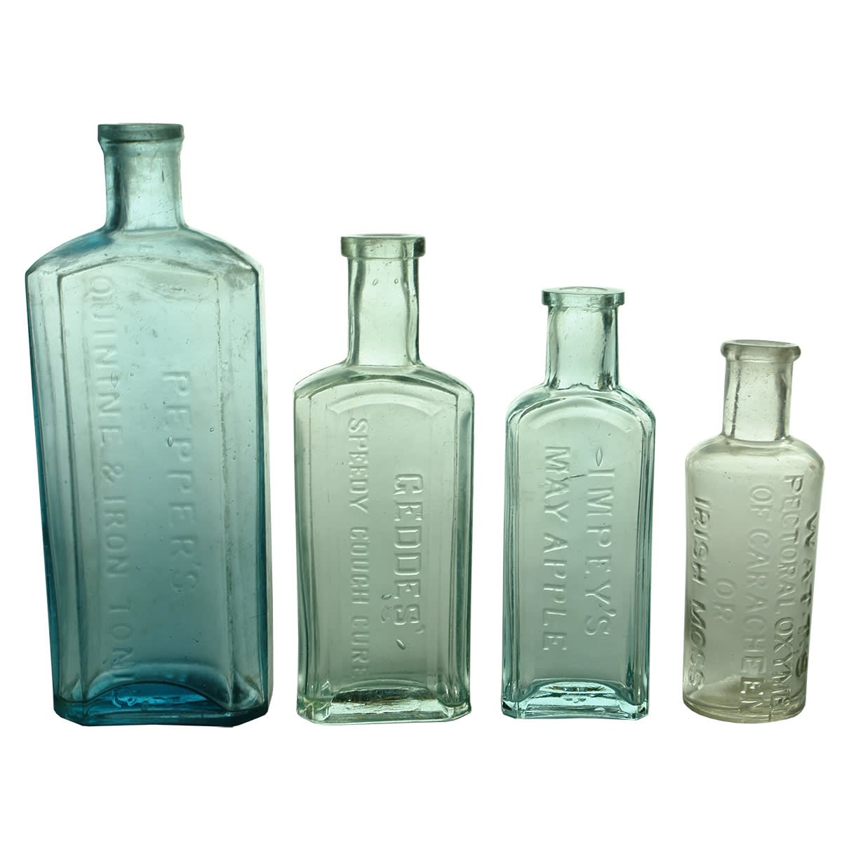 4 Cures & Tonics: Pepper's Quinine & Iron Tonic; Geddes' Speedy Cough Cure; Impey's May Apple; Watt's Pectoral Oxymel of Caracheen or Irish Moss.