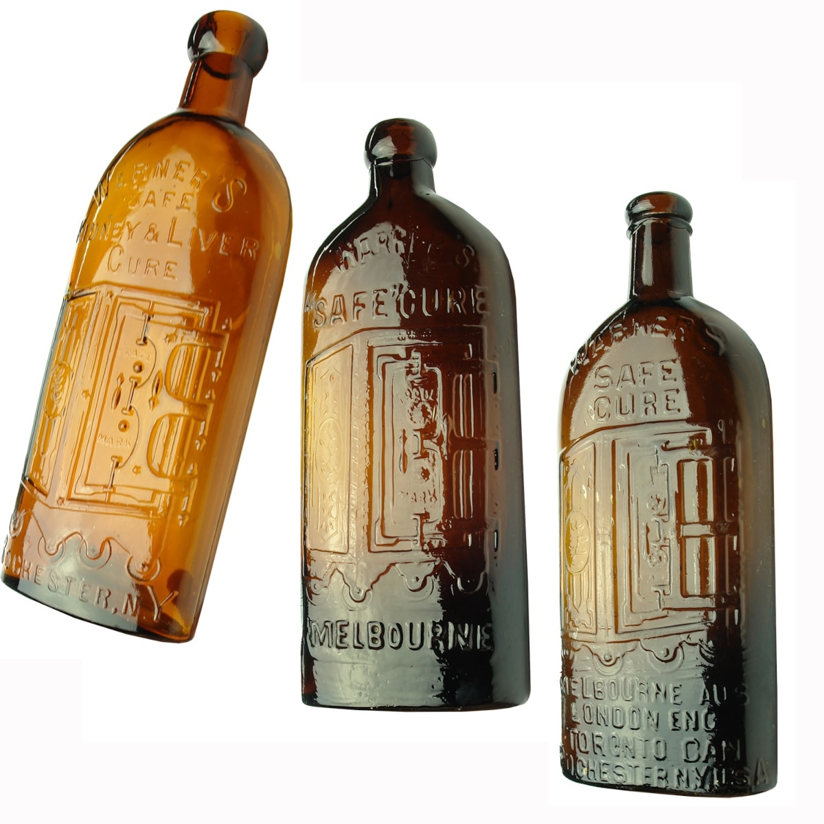 3 Warners Safe Cures. Kidney & Liver Cure, Rochester; Safe Cure, Melbourne; Safe Cure 4 Cities.