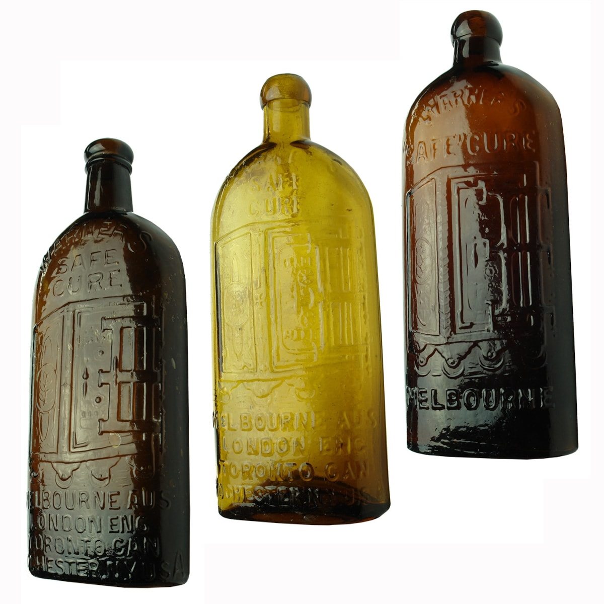 3 Warners Safe Cure bottles: 4 Cities Dark Amber Double Collar top; 4 Cities Light Amber Blob top; Melbourne Safe Cure blob top.
