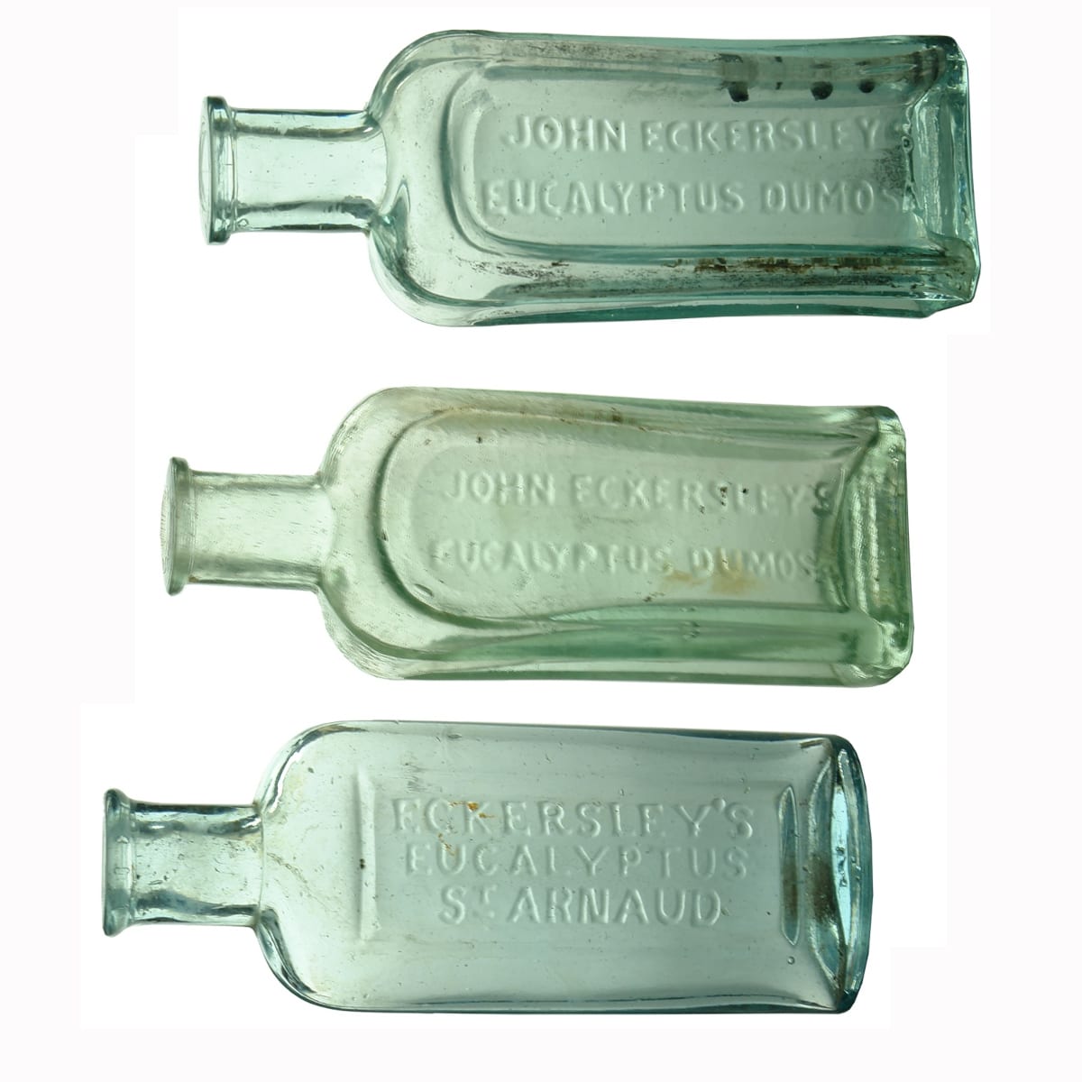 3 Eucalyptus Oil Bottles: 2 different John Eckersley's Eucalyptus Dumosa; 1 x Eckersley's Eucalyptus St Arnaud. (Victoria)