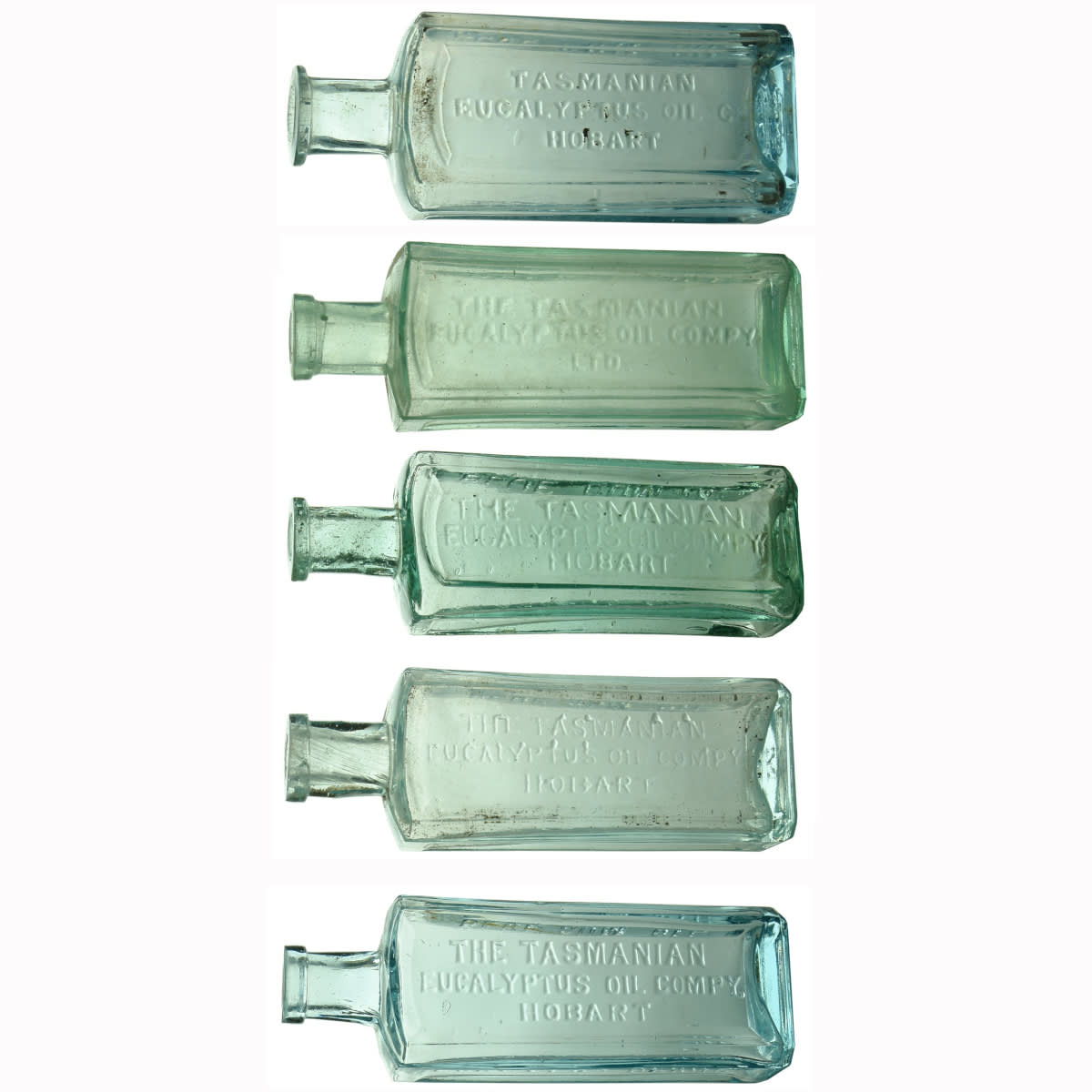 5 different Tasmanian Eucalyptus Company bottles. Platypus Brand. Hobart. (Tasmania)