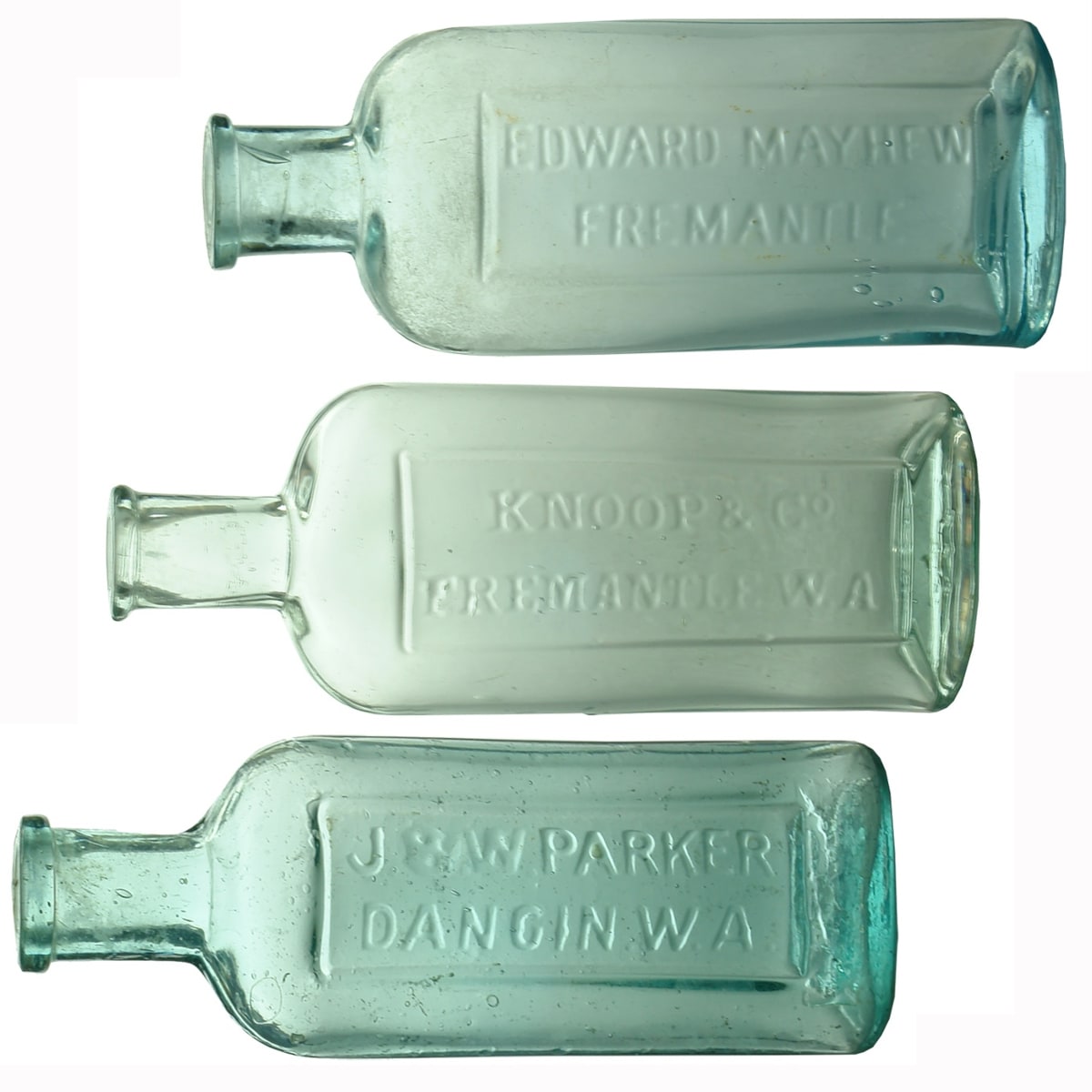 3 Eucalyptus Oil Bottles: Edward Mayhew, Fremantle; Knoop & Co., Fremantle; J. & W. Parker, Dangin. (Western Australia)
