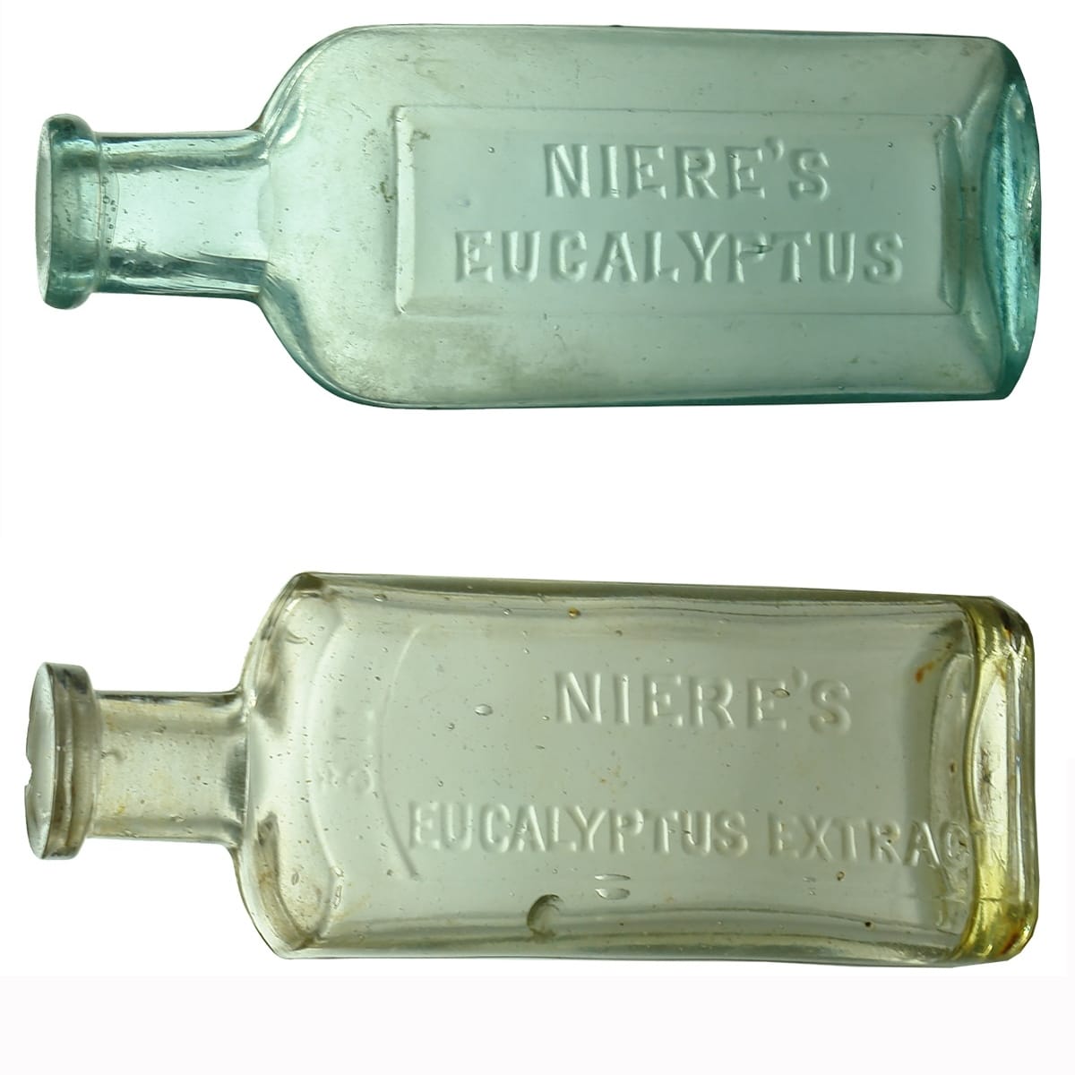 2 Eucalyptus Oils: Niere's Eucalyptus (Oval shape); Niere's Eucalyptus Extract 2 oz Clear. (Bendigo, Victoria)