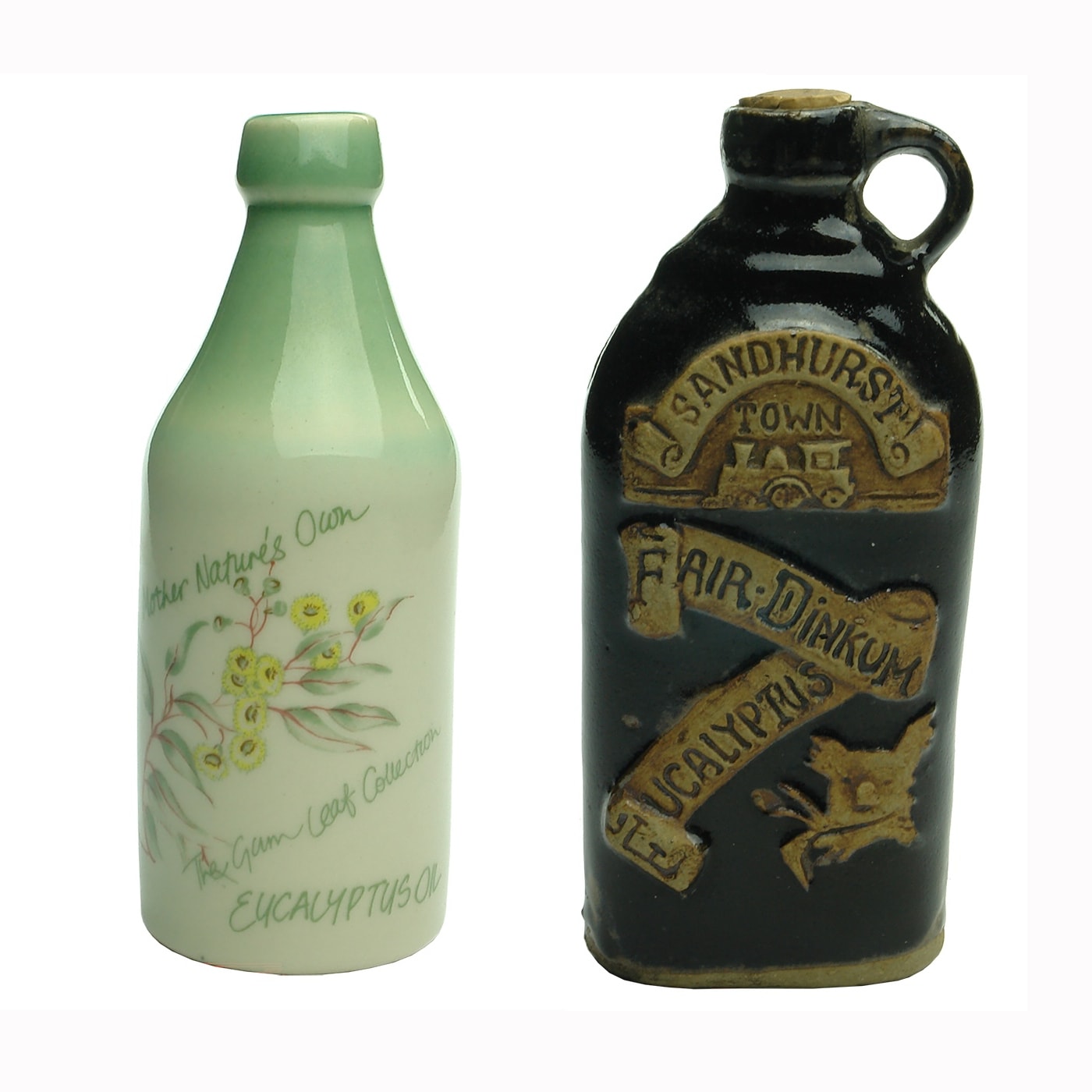 2 later ceramic Eucalyptus Oil Bottles: Mother Nature's Own, Gumleaf Products, Spastic Society of Victoria; Sandhurst Town, Fair Dinkum Eucalyptus, Enterprise Craft Pottery Sandhurst Town. (Victoria)