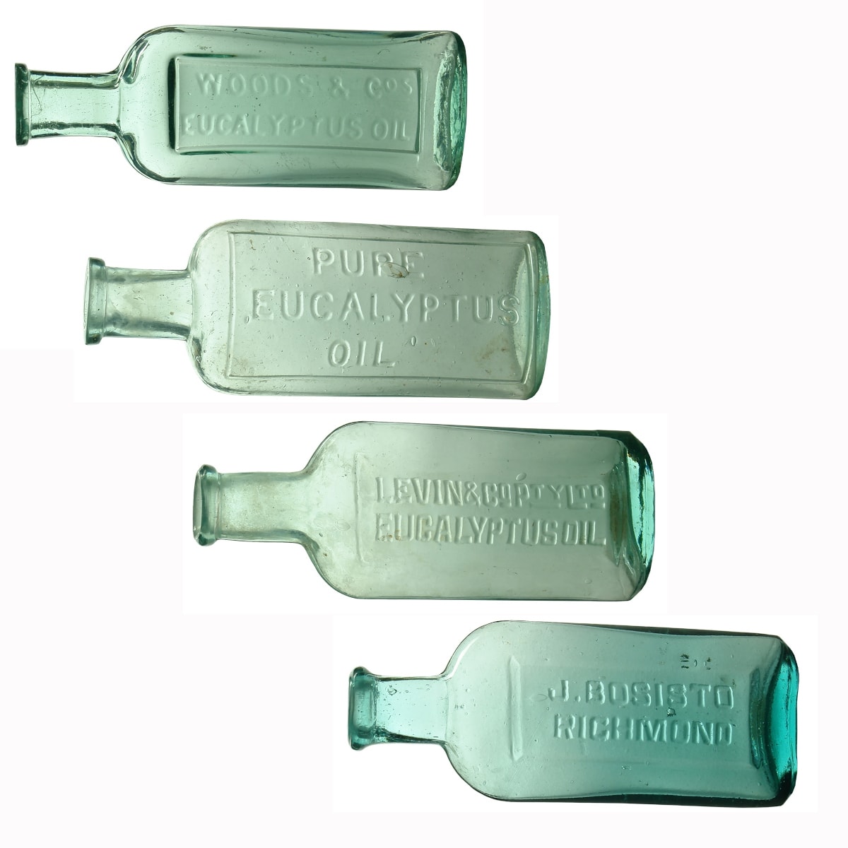 4 Eucalyptus Oils: Woods & Co; Pure Eucalyptus Oil; Levin & Co Pty Ltd; J. Bosisto in unusual style.