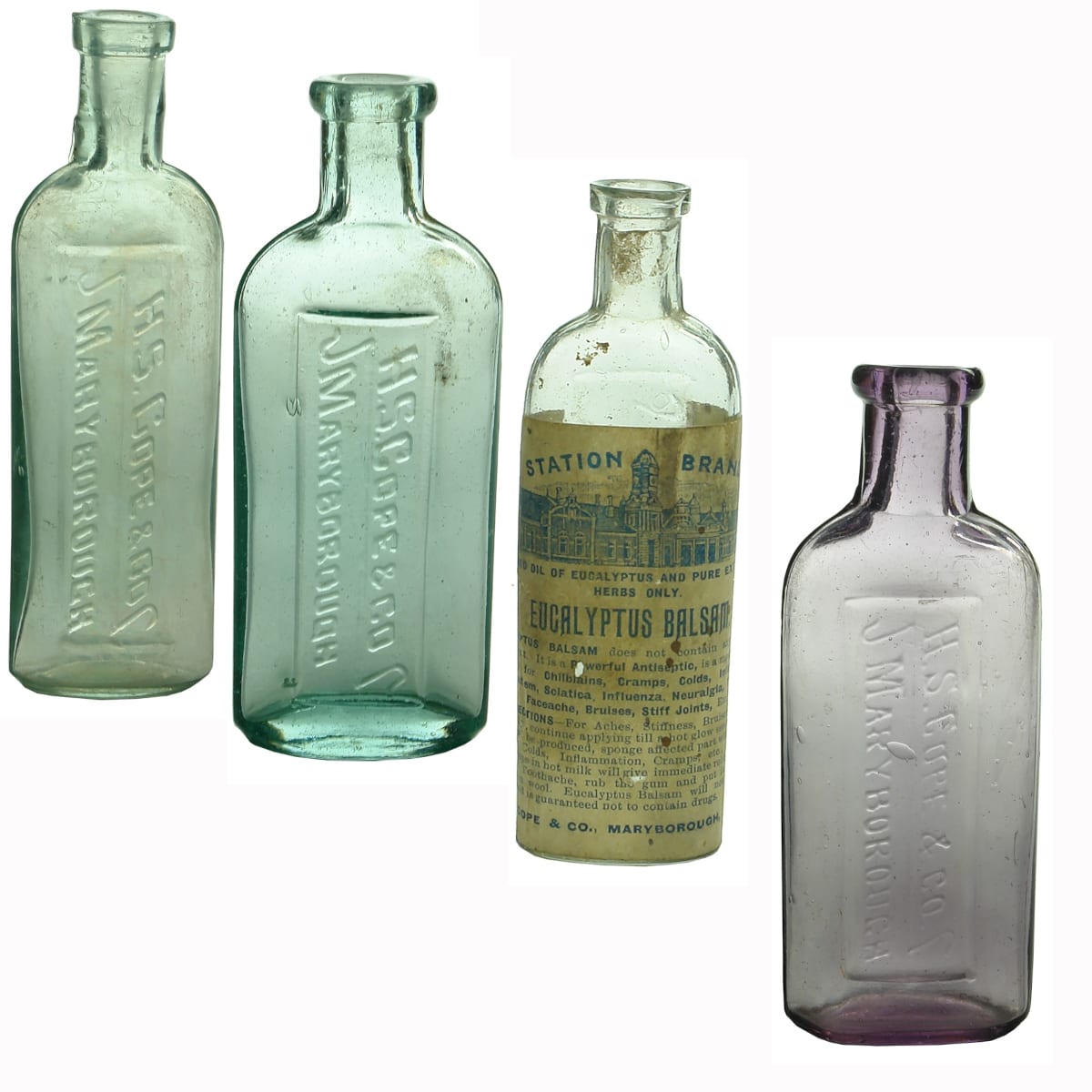 7 Items all H. S. Cope & Co., Maryborough. 4 different bottles, one labelled Eucalyptus Balsam. 2 x Station Brand Refined Oil of Eucalyptus Labels; 1 x Tower Brand refined Eucalyptus Extract label.