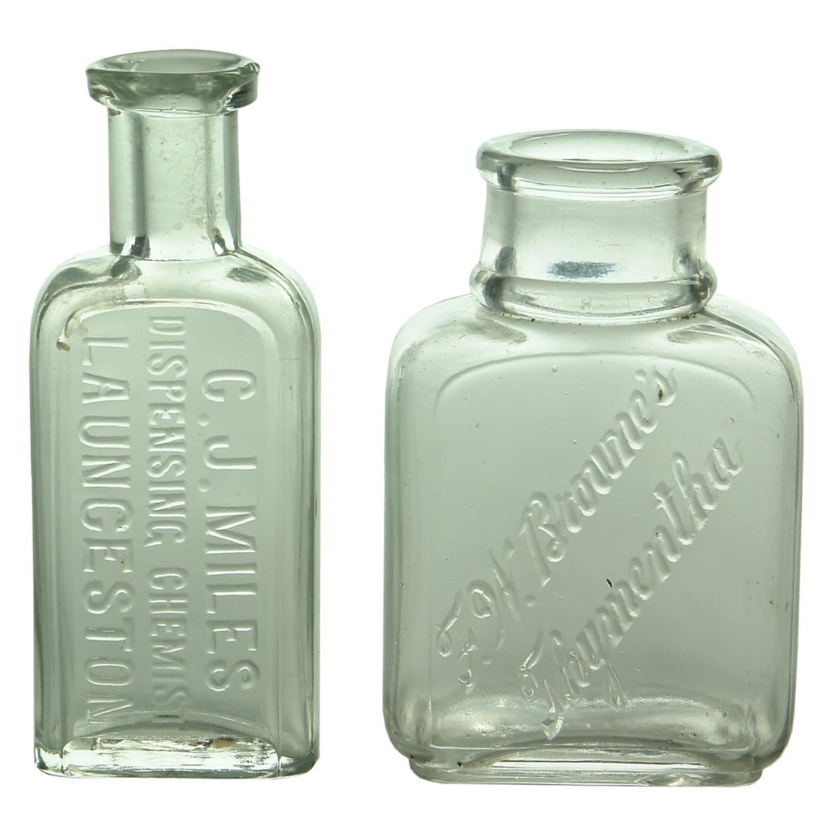 2 Launceston Chemist types: C. J. Miles, Dispensing Chemist (90 mm); F. W. Browne's Thymentha (F. Warland Browne & Co). (79 mm) (Tasmania)