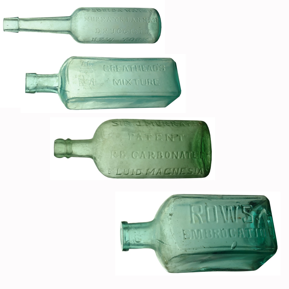 4 Medical type bottles: Murray & Lanman Florida Water; Greathead's Mixture; Sir J. Murray's Fluid Magnesia; Rows Embrocation.