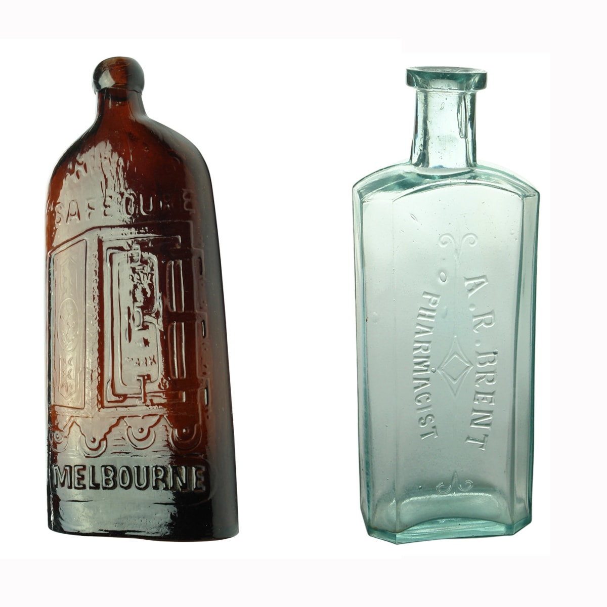 2 Medicines: Warners Safe Cure Melbourne Pint size; A. R. Brent Pharmacist (Horsham) 6 oz Chemist. (Victoria)