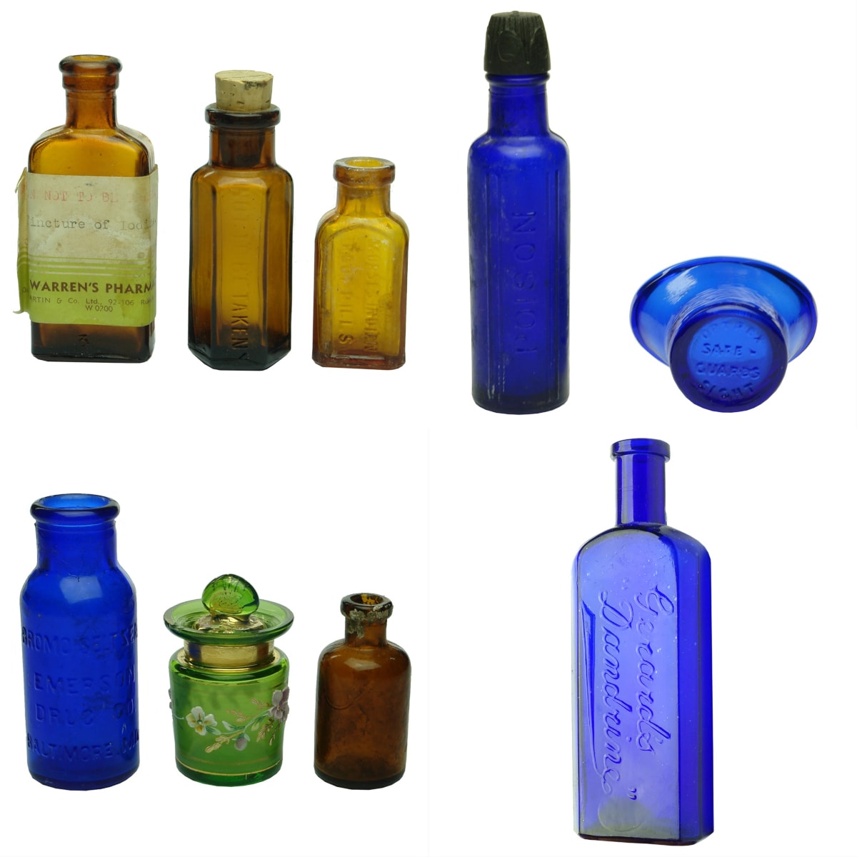9 Medical type items: Warren's Pharmacy Adelaide Iodine; Amber poison; Morses Root Pills; Cutex; Optrex; Bromo-Seltzer; Green Jar; Amber Bottle; Gerard's Dandrine.