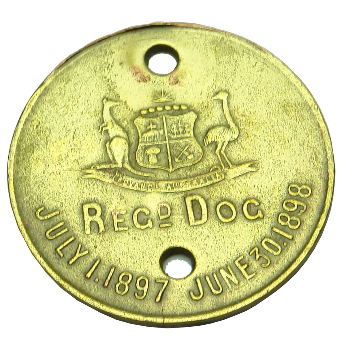 Metalware. South Australian Registered Dog Tag with Australian Coat of Arms, 1 July 1897 - 30 June 1898, Reg No 94, District No 201. Round Shape. (South Australia)