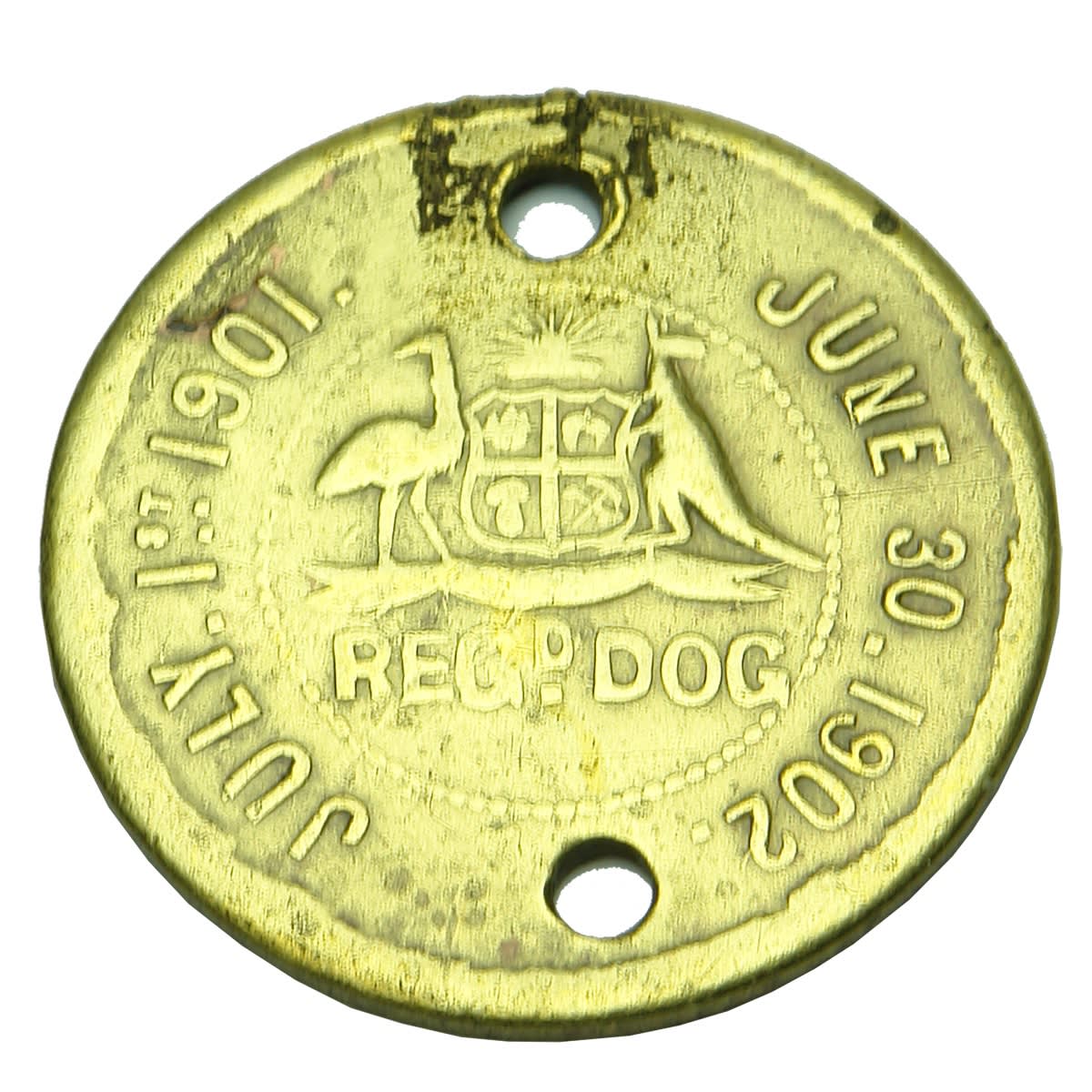 Metalware. South Australian Registered Dog Tag with Australian Coat of Arms, 1 July 1901 - 30 June 1902, Reg No 77, Dist. 42. Round Shape. (South Australia)