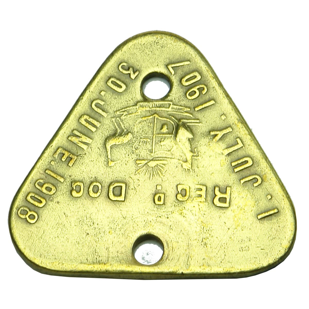 Metalware. South Australian Registered Dog Tag with Australian Coat of Arms, 1 July 1907 - 30 June 1908, Reg No 29, Dist. 29. Triangle Shape. (South Australia)